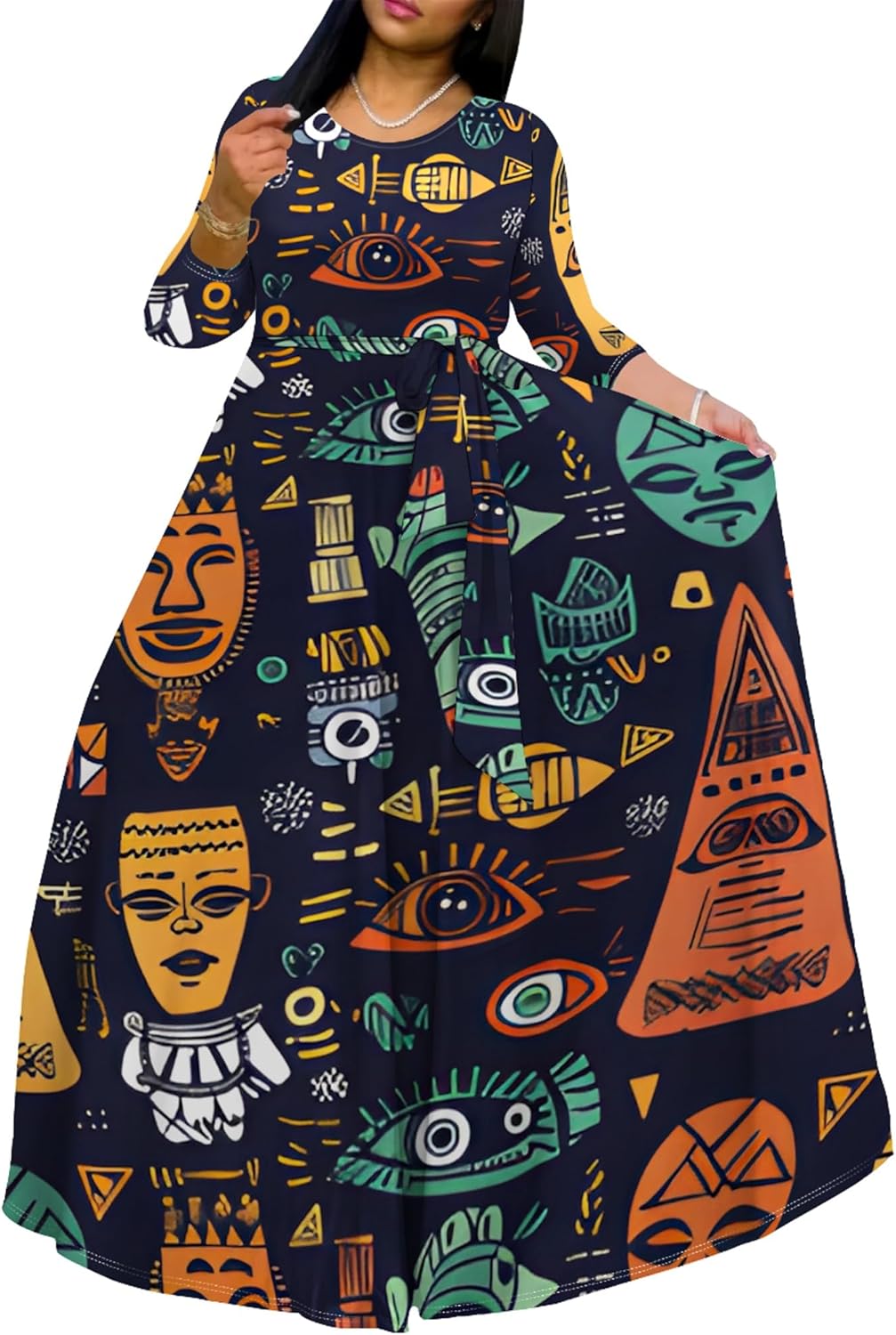 Women's Fall Fashion Long Plus Size Crew Neck Tie Dress 3/4 Sleeve Maxi for Curvy African Style Prom Party Banquet Dresses