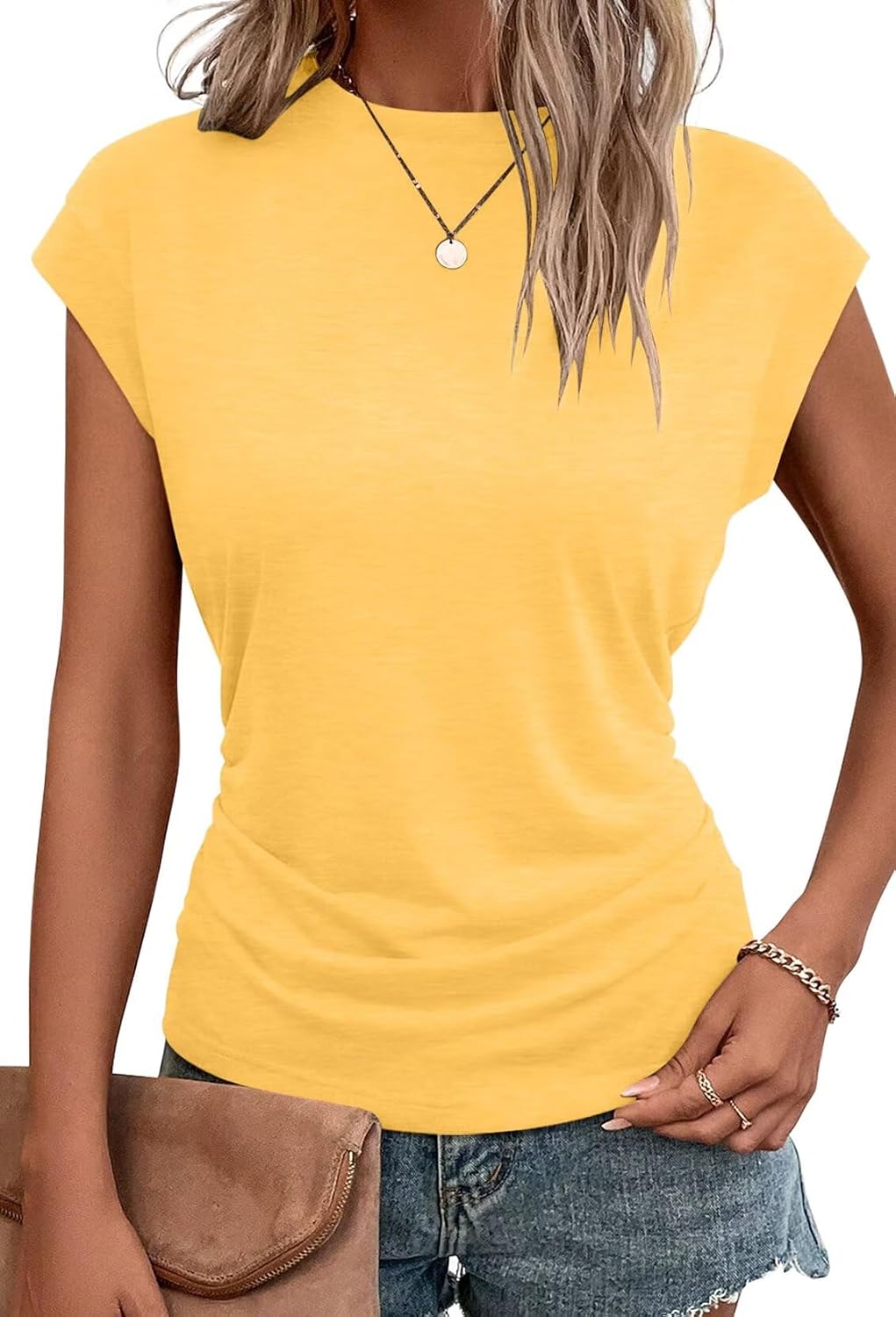 Bliwov Womens Summer Tops Cap Sleeve Crew Neck T Shirts Spring Trendy Fashion Outfits Business Beach Vacation Blouses Clothes