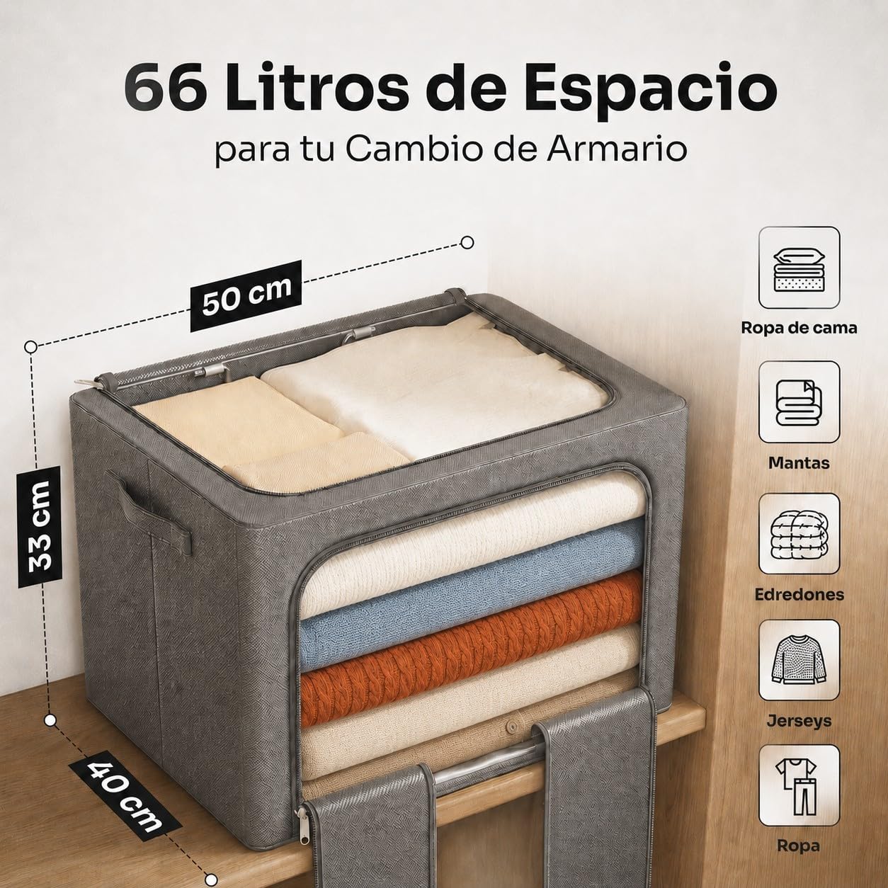 Cajas Almacenaje Ropa GRANDES Pack 2 · 66L (132L total) — Armario, Marco Metálico Rígido y Apilable, Plegable, Tela Oxford con Cremallera y Ventana Transparente Quitapelusas Incluido