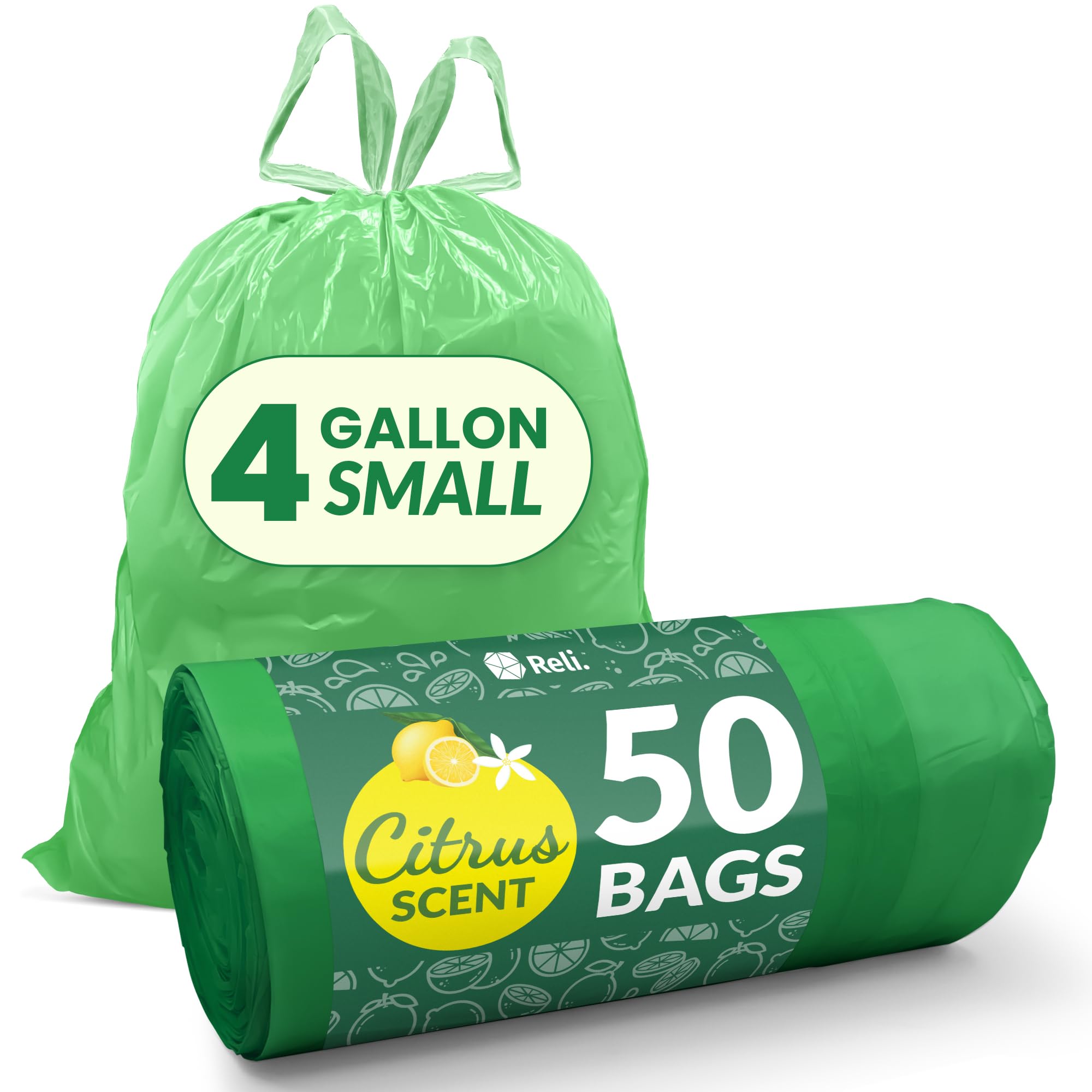 Reli. 4 Gallon Trash Bags Drawstring (50 Count) | Citrus Scented Small Trash Bags | Garbage Liners for Bathroom Can | 2 Gal - 3 Gallon - 4 Gal Small Can Liners (Green)