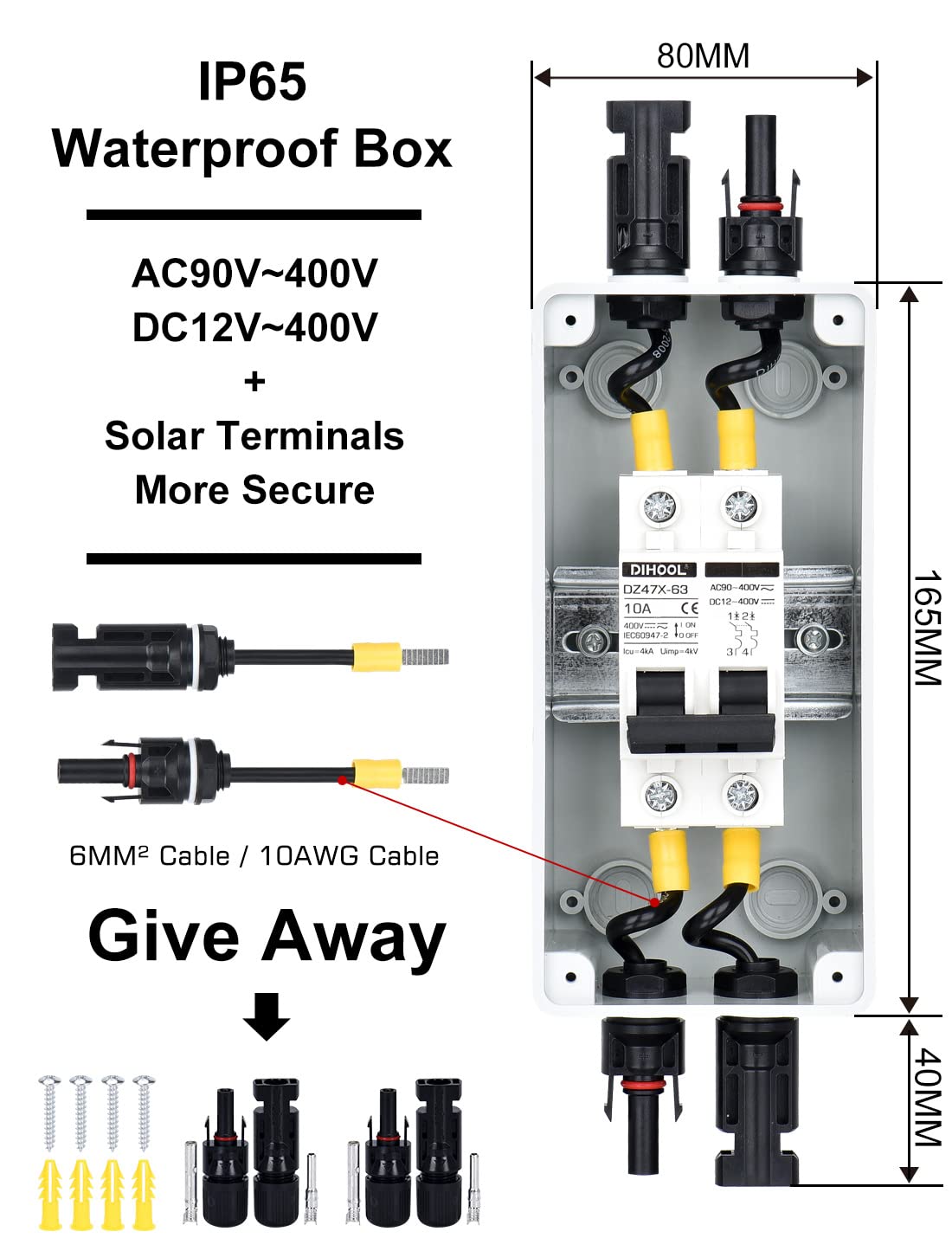 DIHOOL DC Circuit Breaker PV System Circuit Breaker Fuse Automatic 2-Pole 10A 12V (12V-400V) With Cable Solar Plug IP65 Waterproof Enclosure - Image 4