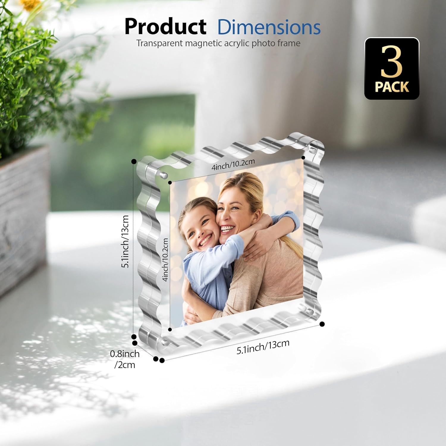 Chivalral Clear Picture Frames 3Pack - Acrylic Magnetic Photo Frame 4×4 Inch, Double Sided Magnet Frames with Scalloped Edges, 10+10mm Thick Freestanding Gift for Office/Home(Clear, 4x4)