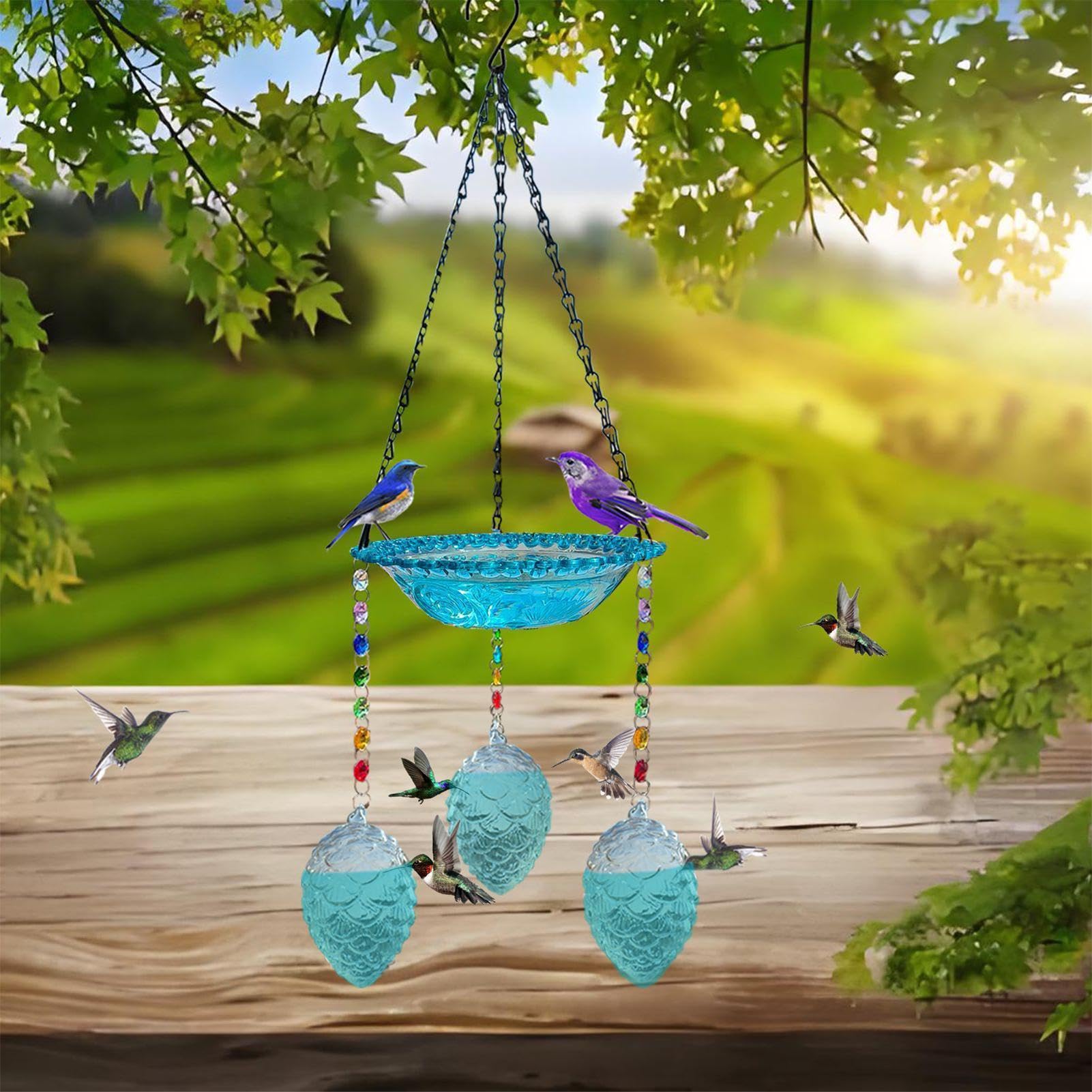 Baño de Pájaros de Exterior con Gancho y Tazón de Agua de Vidrio | Alimentador De Colibríes Para Exterior Para Jardín Exterior Terraza Balcón Porche Césped Patio
