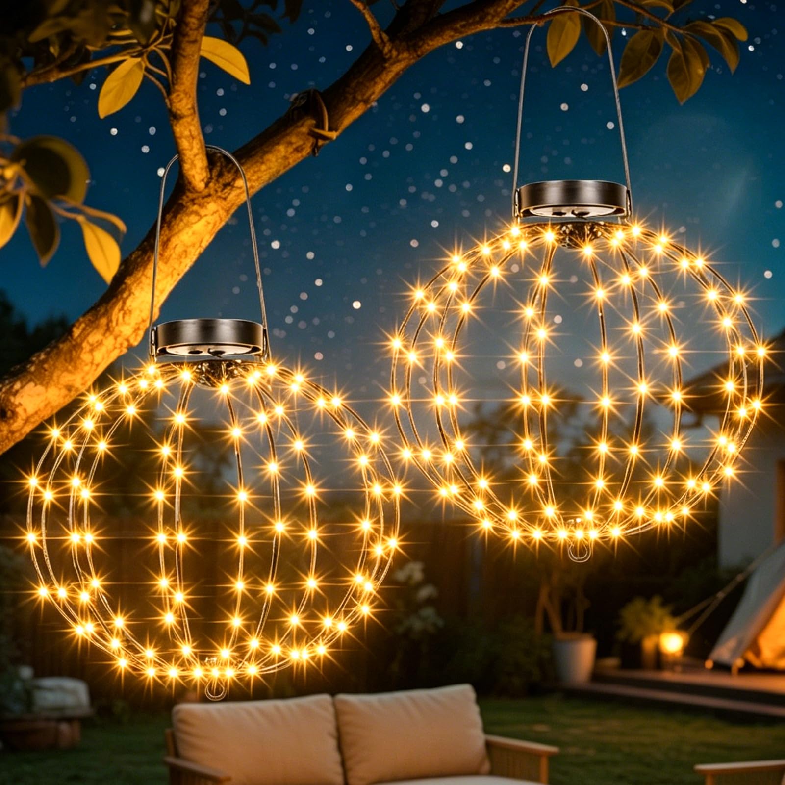 ZAIYW 2 Pack Solar Hanging Ball Lights, 30cm Total 240 LED Solar Globe Lights with Timer, 8 Modes Foldable Outdoor Ball Lights Waterproof Metal Sphere for Garden Patio Yard Decorations (Warm White)