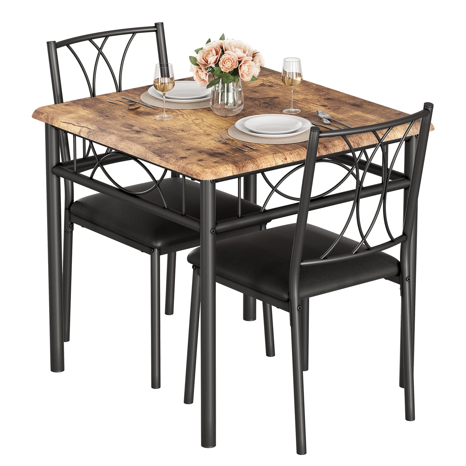 Ensemble De Salle à Manger Gain De Place 3 Pièces - Table Carrée Design Double Bois & Métal + 2 Chaises Rembourrées - Style Rustique Brun
