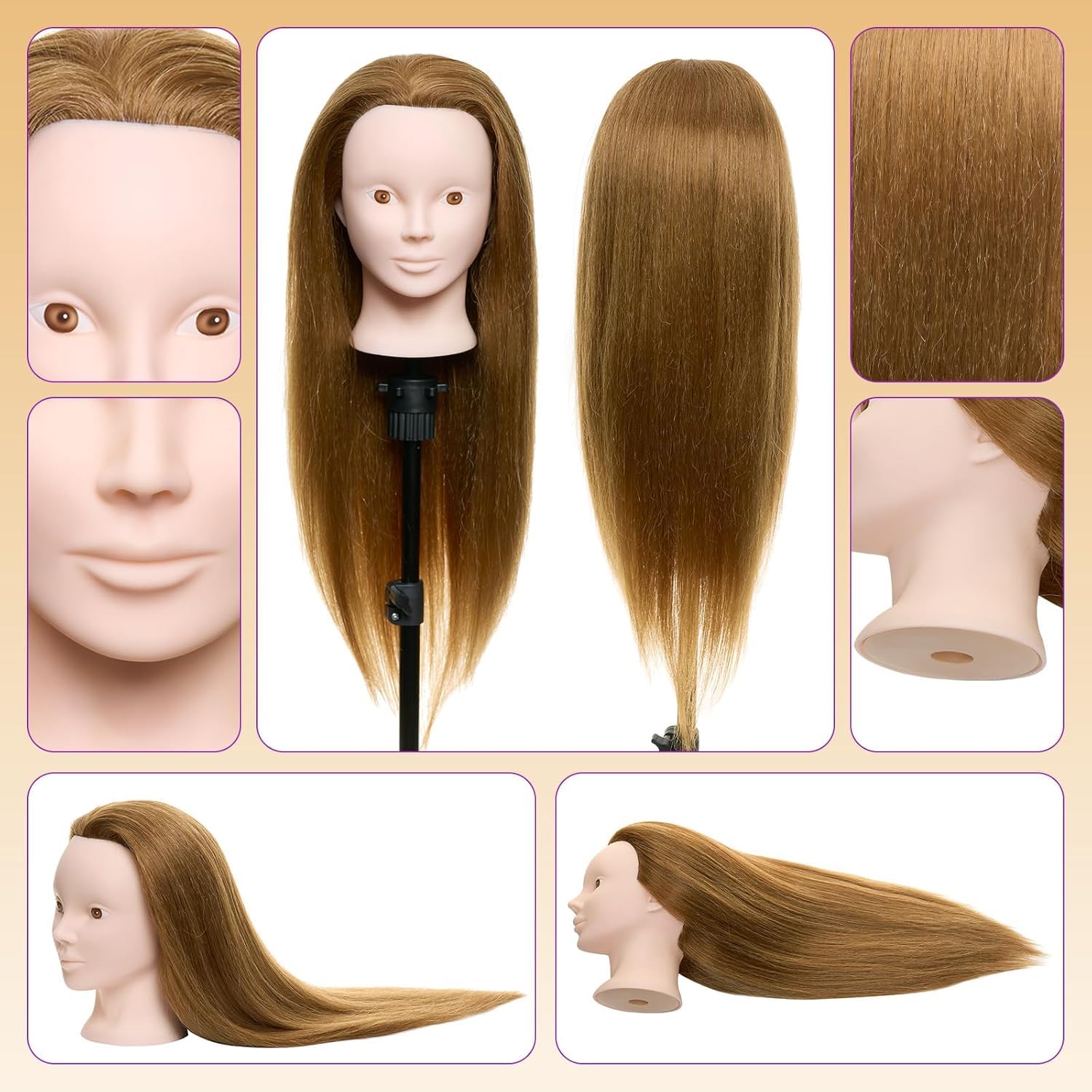 Cabeza de Peluqueria Neverland 24" 80% Pelo auténtico Practicas Formación Muñeca de la Cosmetología práctica maniquí muñeca para Peluquería con Soporte + Accesorios de Peinado DIY