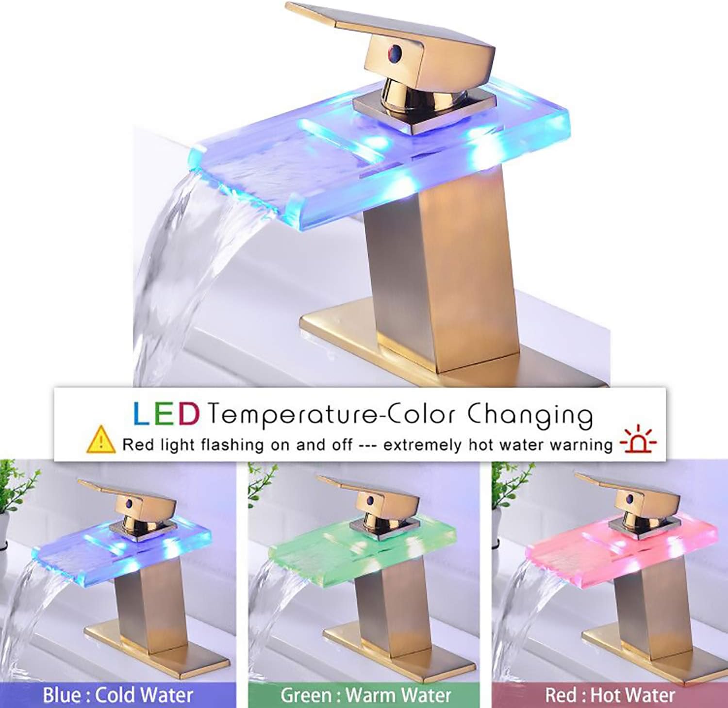 Flash Deals - 80% OFF Rzoeox LED Light Bathroom Sink Faucet, 3 Colors Changing Waterfall Glass Spout, Single Handle Single Hole Cold and Hot Water Mixer Deck Mounted Bathroom Tap Faucet (Brushed Gold)