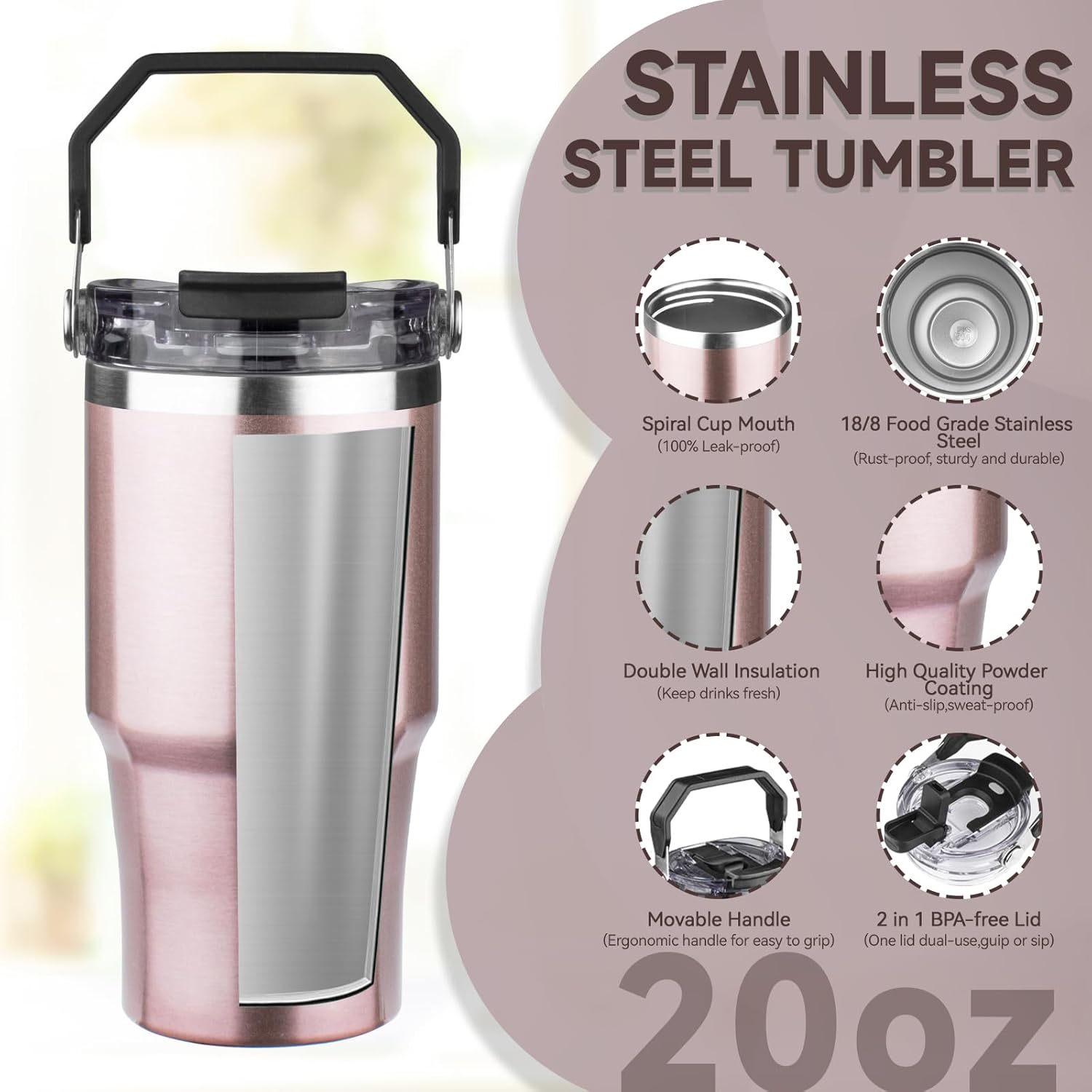20oz Tumbler with Handle and Flip Straw Lid Double Wall Insulated Travel Coffee Mug Stainless Steel Vacuum Insulated Coffee Tumbler Cup for Hot and Cold Beverages Leak-proof&BPA-free(20oz,Rose gold) - Image 3