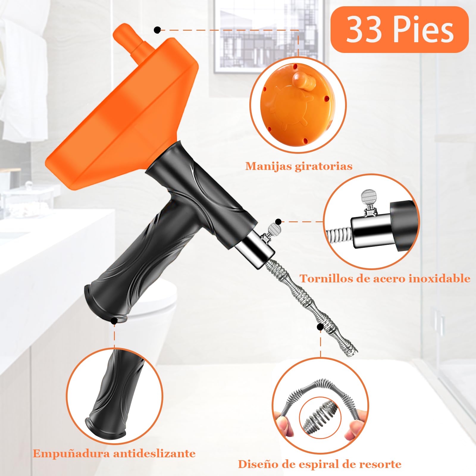 Desatascador Tuberias Profesional 10M, Desatascador de Tuberias con Cable Flexible de Acero, Serpiente Desatascadora para Fregadero, Ducha, Bañera, WC y Desagües, Elimina Atascos de Pelo y Suciedad