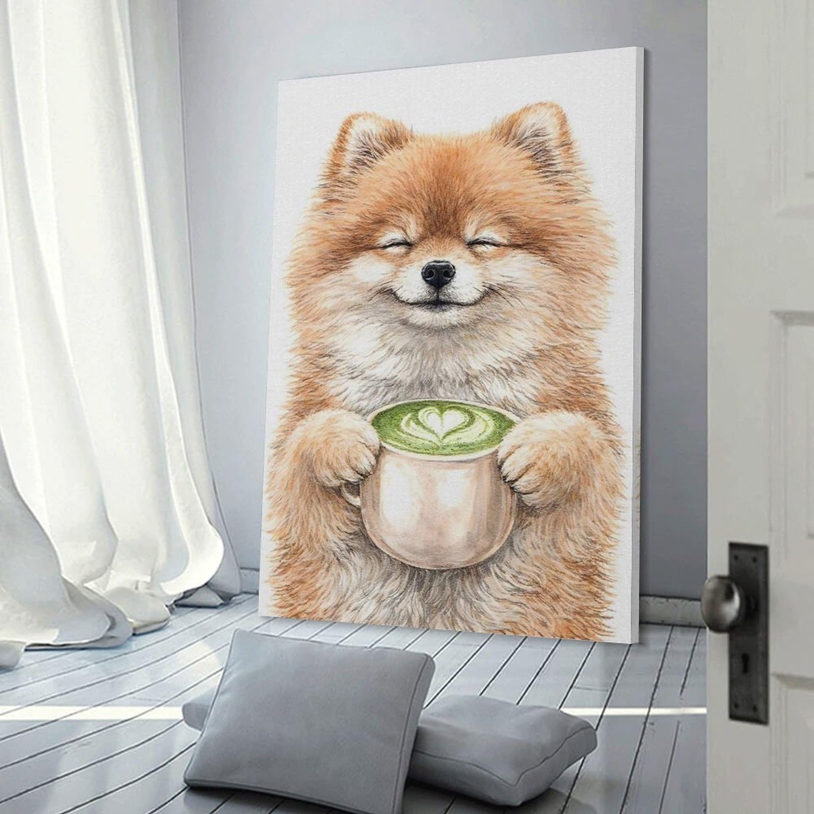 Junmoney Cute Pomeranian with Matcha Latte Wall Decor Canvas Print, 12x18inch(30x45cm), for Living Room, Lounge Or Sitting Room, Easy Decor for Gallery Walls