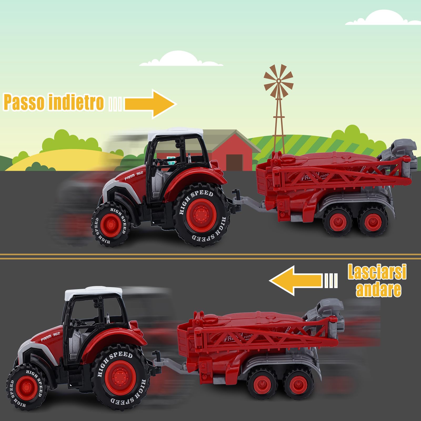 VBACALA Set Trattore Giocattolo Fattoria Pressofuso,Trattore con Rimorchio Mietitrebbia per Bambini, Veicolo Agricolo a Trazione Posteriore Modello,Giocattolo da Regalo per Ragazzi e Ragazze 3+ Anni