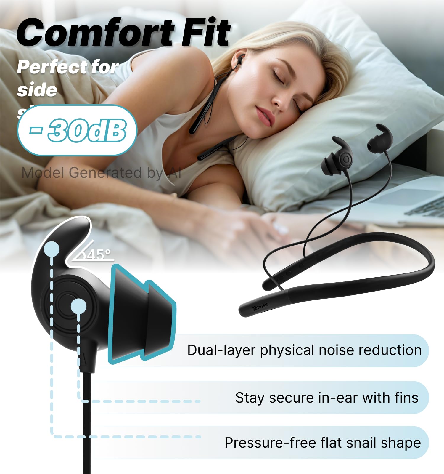 Hmusic Cuffie Bluetooth Sleep con archetto da collo, auricolari wireless per dormire, 12+ ore di riproduzione, auricolari in morbido silicone con microfono per insonnia, dormire, russare, rilassamento
