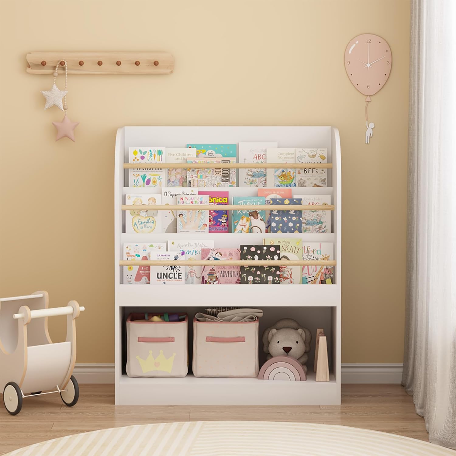 Ikebana Bookshelf for Kids, 3-Tier Montessori Bookcase for Toddlers, Wooden Bookshelf and Toy Storage Organizer for Kids Room, Bedroom, Nursery, Kindergarten