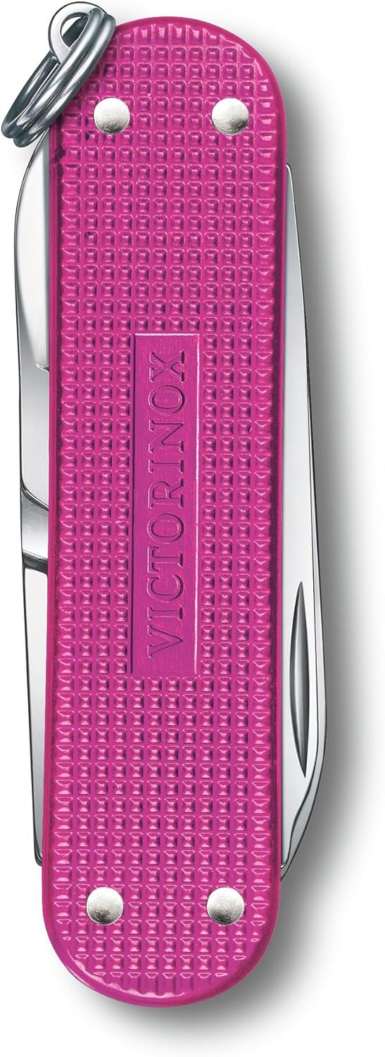Victorinox Classic SD Alox Swiss Army Knife, Compact, 5 Functions, Swiss Made Pocket Knife with Small Blade, Screwdriver and Key Ring - Flamingo Party (Pink)