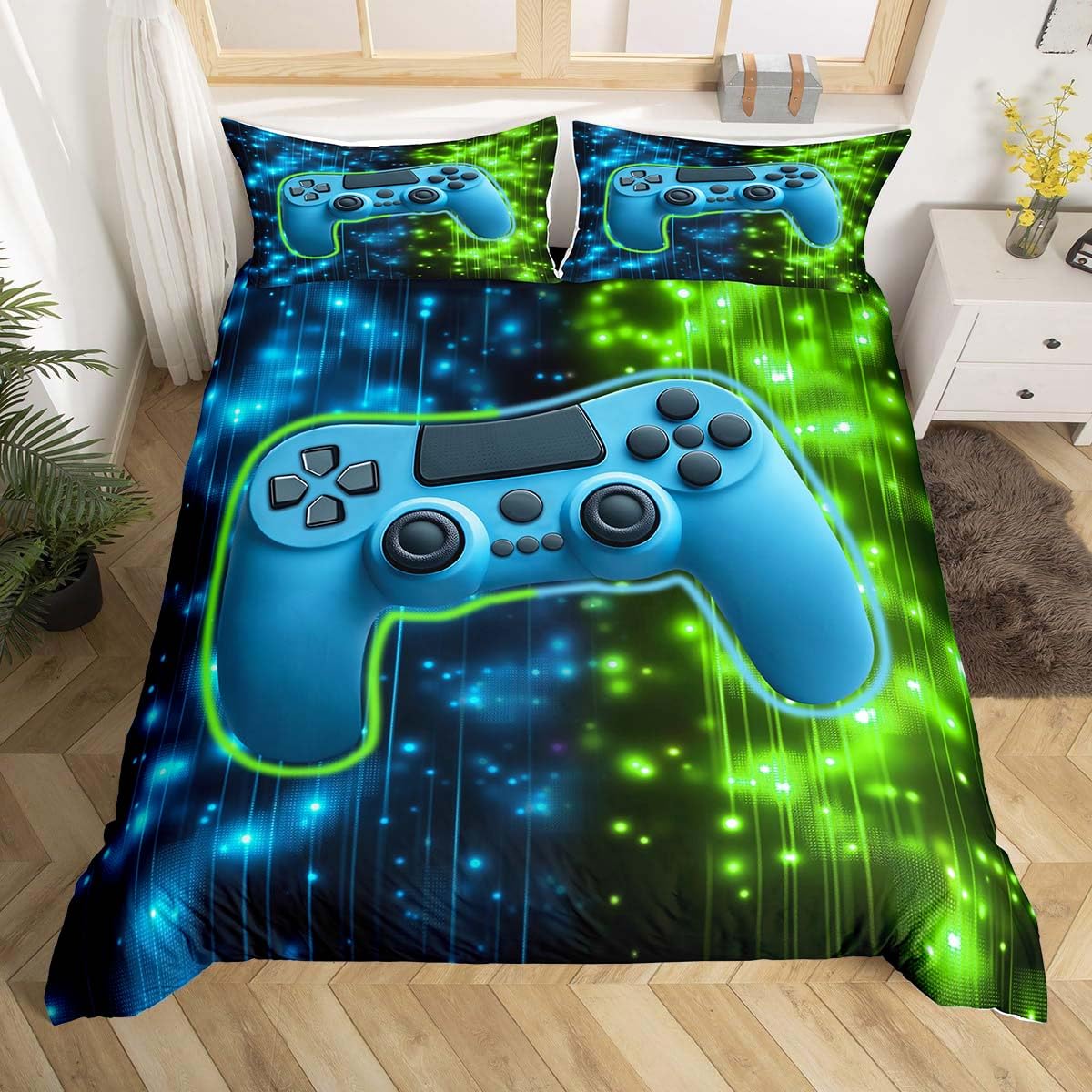 Loussiesd Green and Blue Light Gamepad Duvet Cover Set Cot Size For Kids Boys Teens Gamer Bedding Set Gaming Comforter Cover with 1 Pillowcase Came Room Decor — image 1