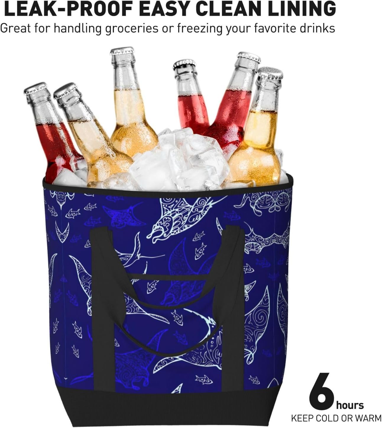 Manta Ray And Fish Print Large Cooler Bag Tote Bag,Reusable Grocery Bag,Lunch Box Bag, For Picnic Beach Camping