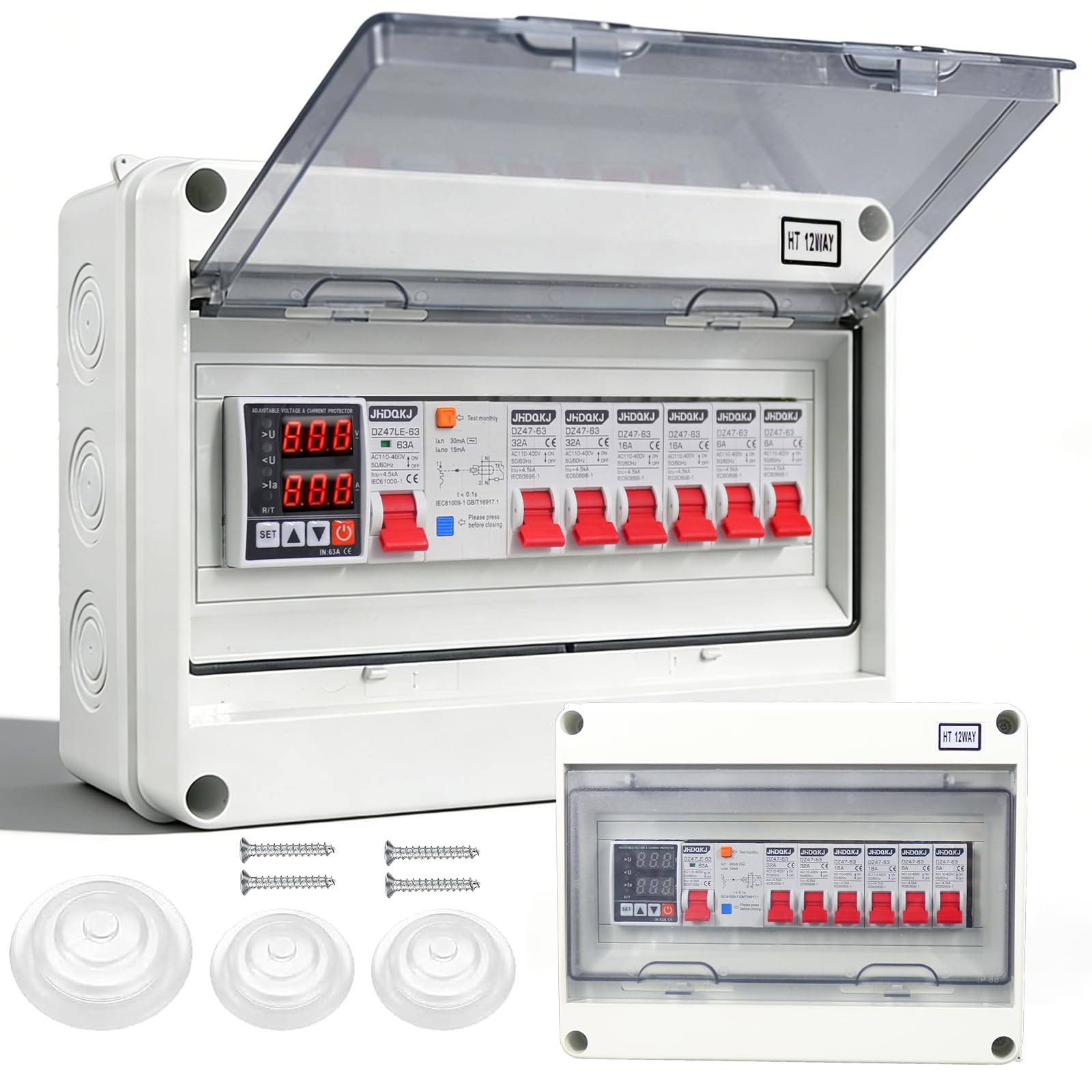 Quadro elettrico a parete, con interruttore differenziale e protezione contro sovratensioni, 2x32A, 2x16A, 2x6A interruttori AC, IP65 distributore di corrente per officina, garage, camper