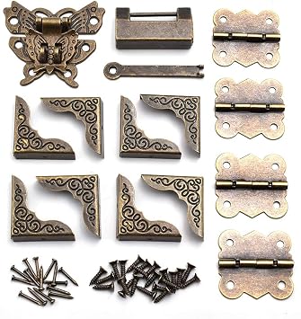 Antique Bronze Butterfly Hasp Latch Vintage Padlock Box Corner Protectors and Butterfly Hinge Wooden Box Hardware Accessories for Repair and Decorative Jewelry Box