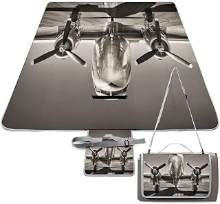 Vintage Airplane On The Runway Picnic Blanket with Carry Strap Foldable & Portable 3-Layer Waterproof Sand Proof Beach Blanket for Outdoor Camping Travel Grass Lawn Park Music Festival