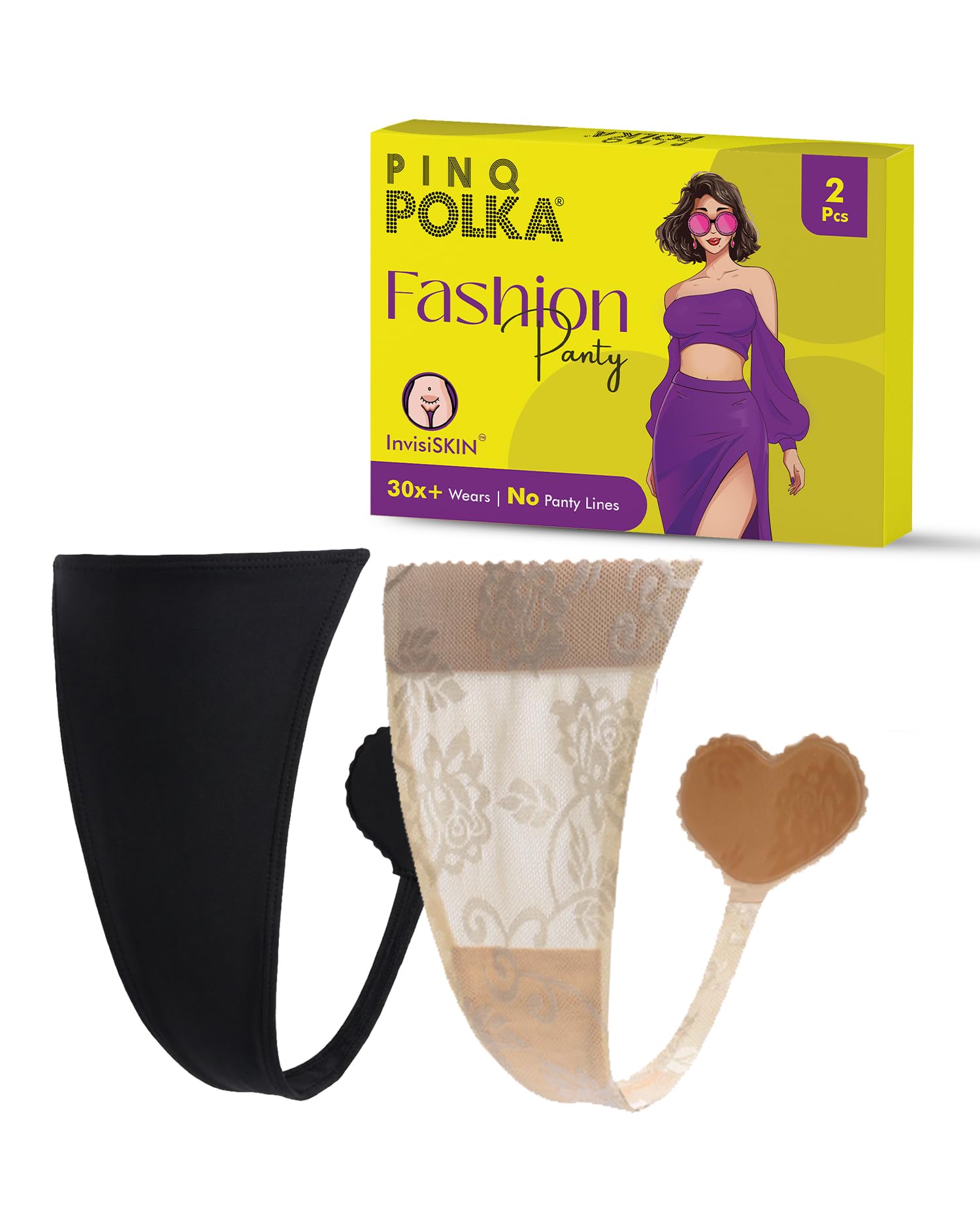 Shaper Thong Panty C-String Seamless, Nude Lace & Black Spandex, Medium and Large Size - 2Pcs