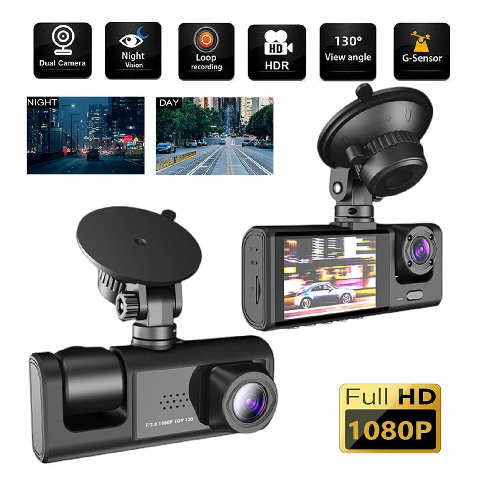 Przód kamery samochodowej 3-kanałowa kamera na deskę rozdzielczą do kamery samochodowej wideorejestrator DVR czarna skrzynka podwójny obiektyw DVR z tylną kamerą 24H Monitor do parkowania Łatwa instal