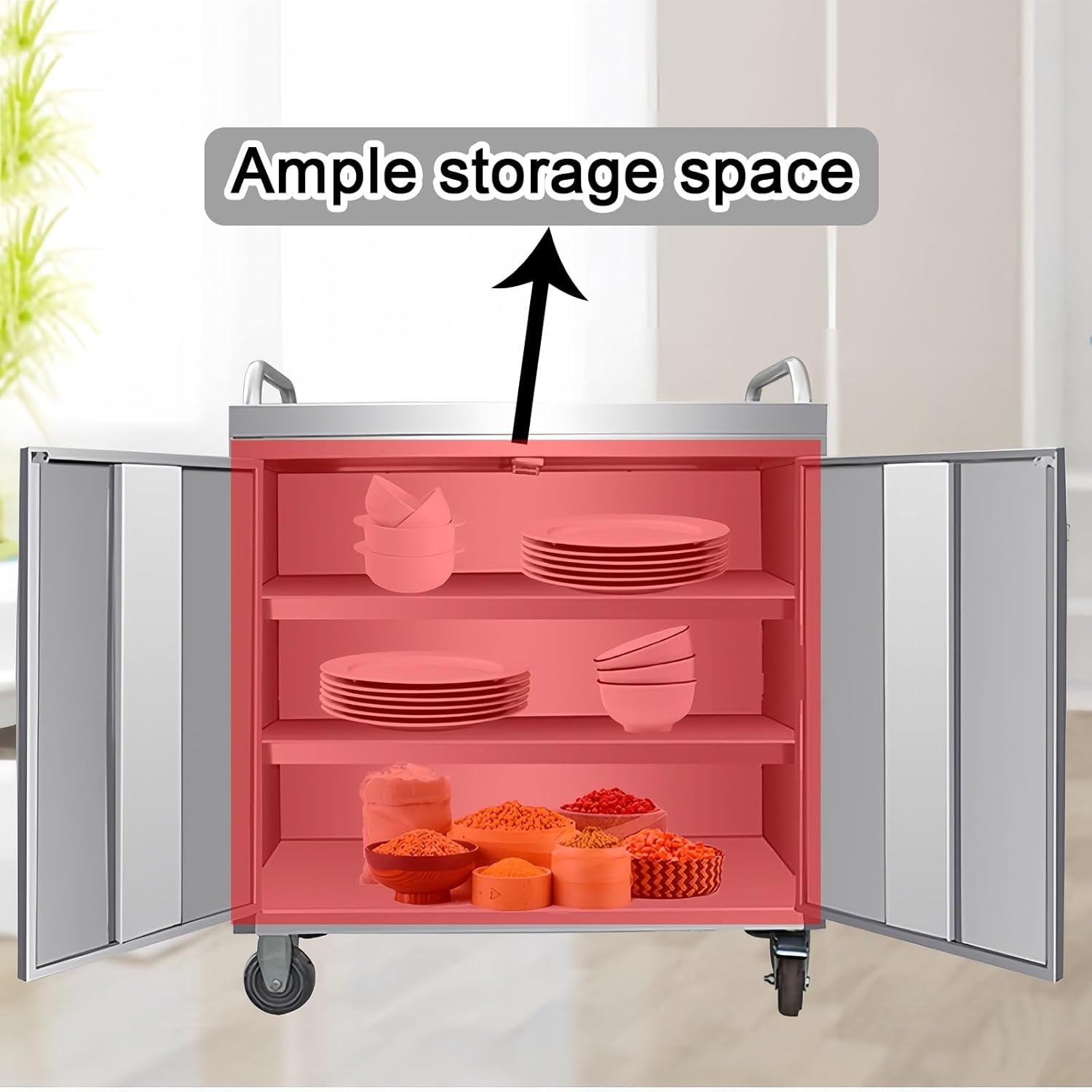 Stainless Steel Workbench with Wheels and Handrails H95cm Kitchen Work Table 3-Tier Design 1-Piece Welded Construction Magnetic Door Closer Reinforced Latches Commercial Cart