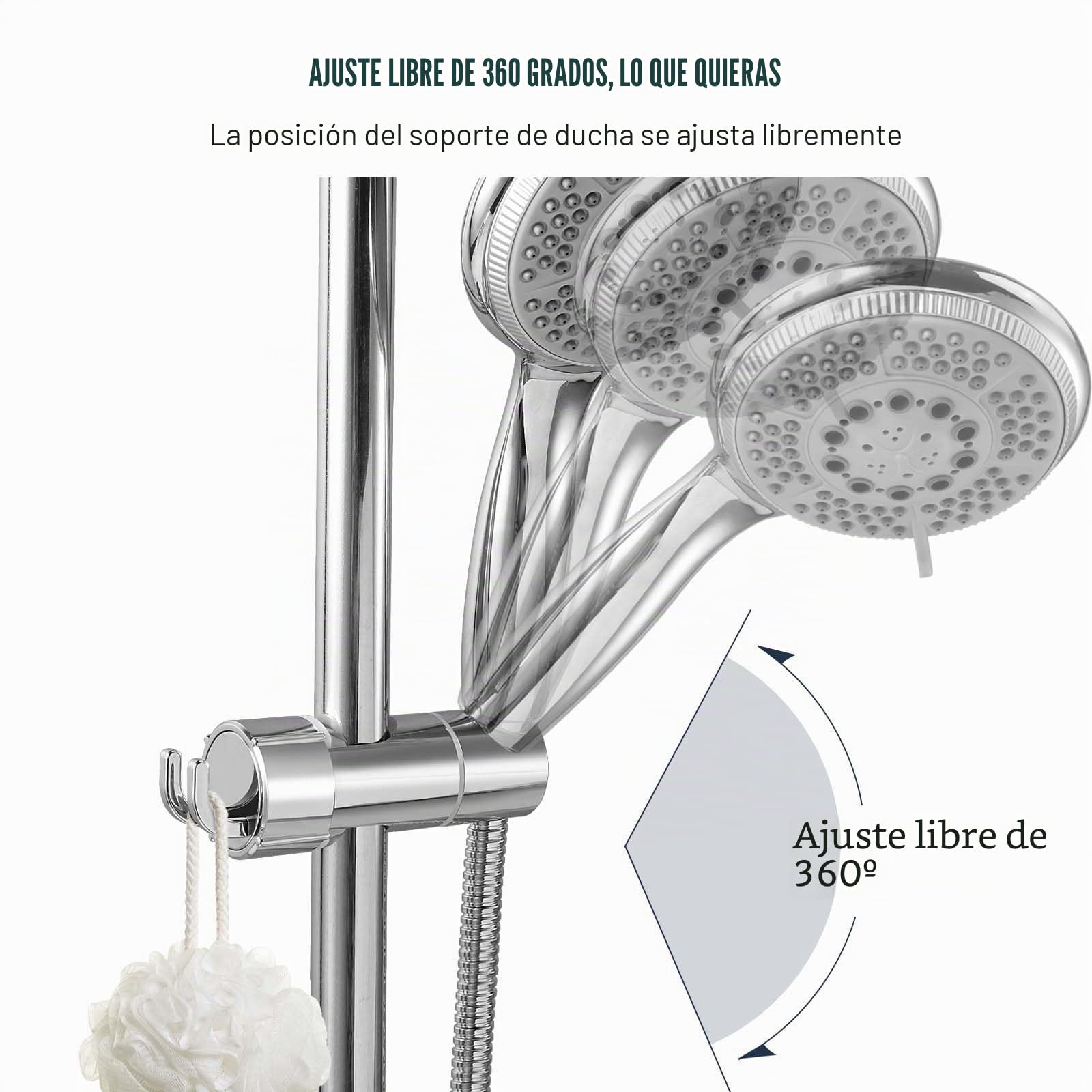 Vinabo Universal Soporte Ducha con 2 Ganchos, Soporte de Ducha, sin perforación, 18-25 mm, diámetro Ajustable, Espaciador Integrado para Proteger la Barra de Ducha