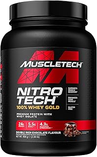 MuscleTech NitroTech 100% Whey Gold Protein Powder, Build Muscle Mass, Whey Isolate Protein Powder & Peptides, Protein Shake For Men & Women, 5.5g BCAA, 20 Servings, 908kg, Double Rich Chocolate