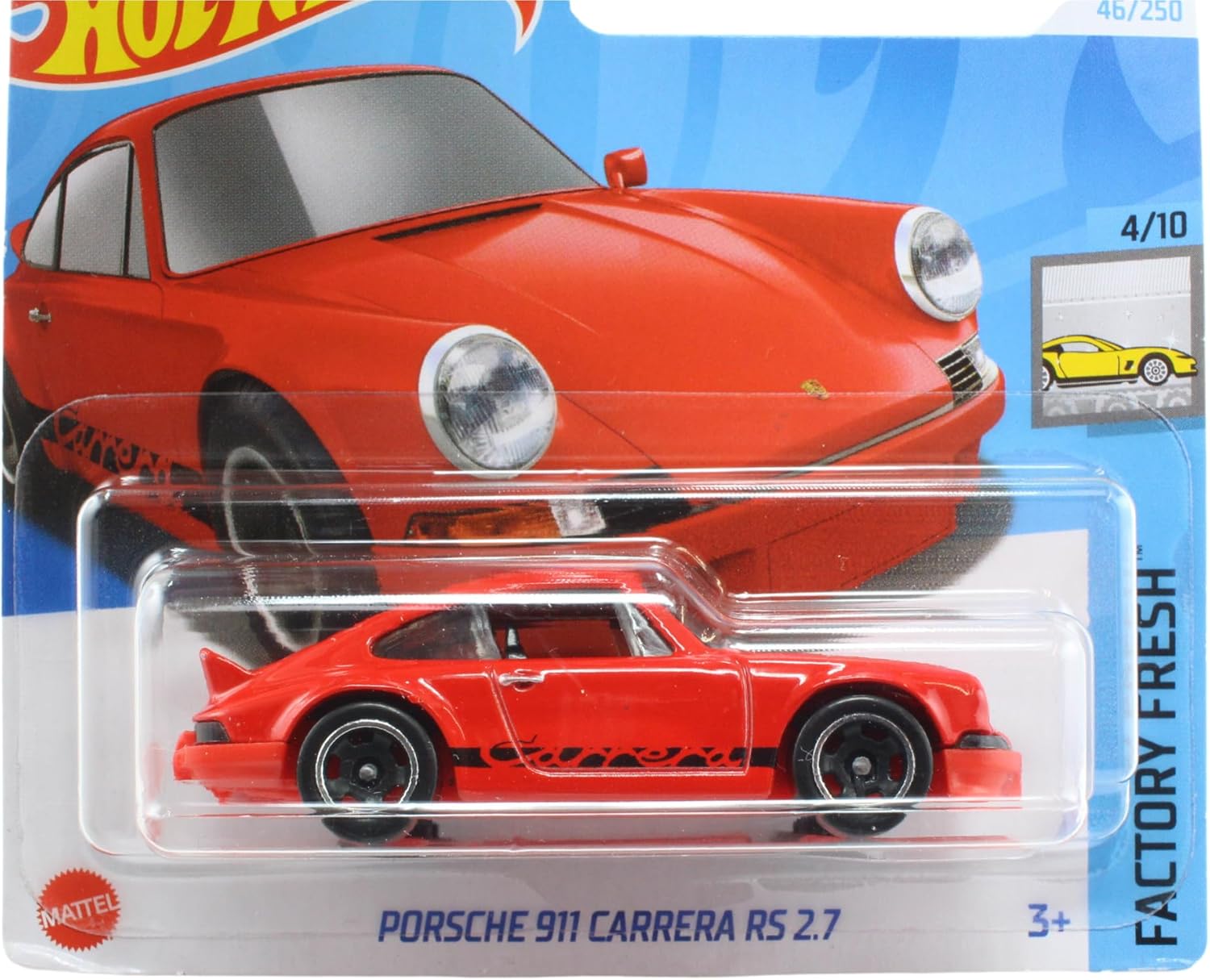 Side view of the Hot Wheels Porsche 911 Carrera RS 2.7 die-cast model, showcasing its red paint and black 'Carrera' decal.