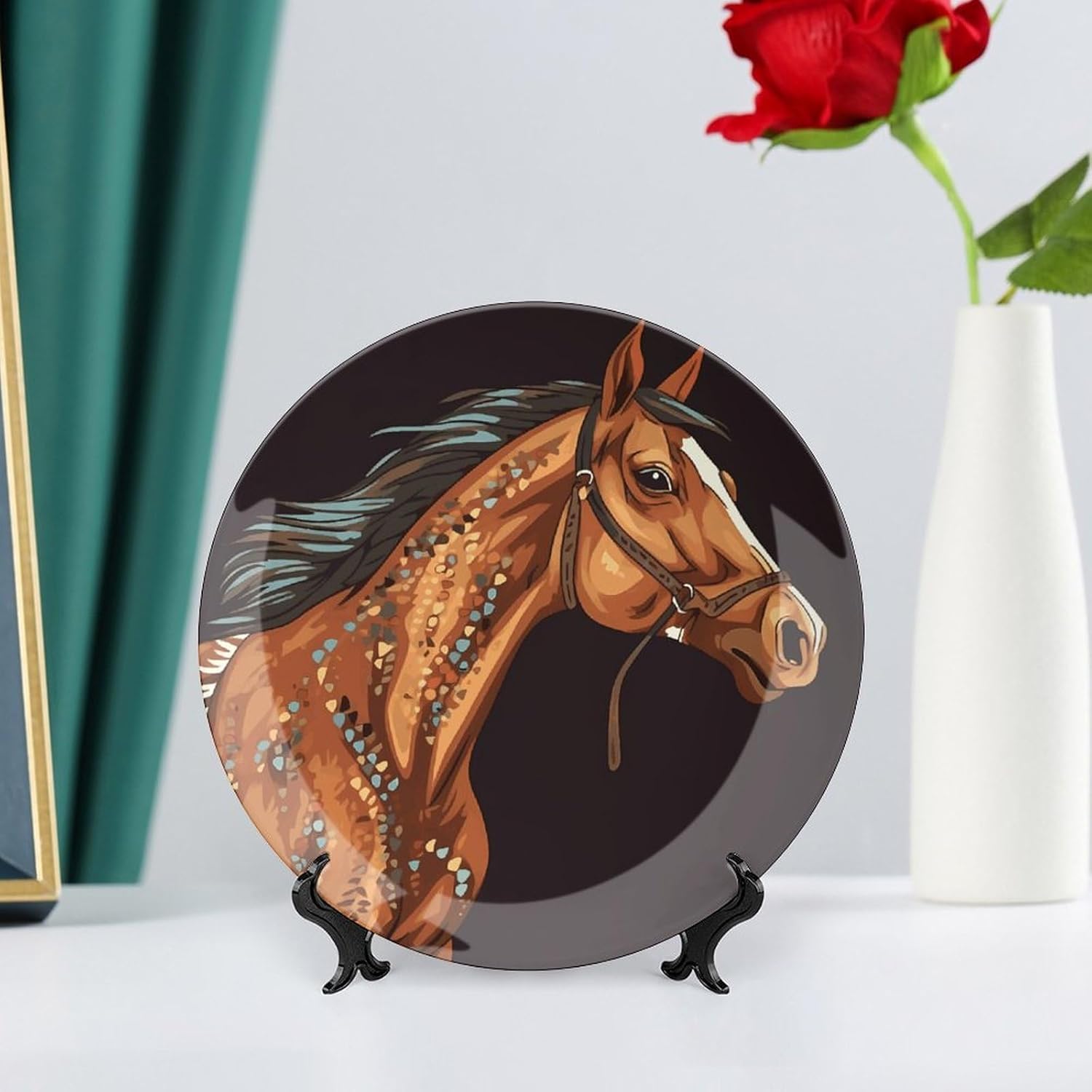 Brown Horse Bone China Decorative Plate with Display Stand, Ceramic Ornaments Plate for Wall Hanging, Personalized Porcelain Plates for Office, Living Room 8inch