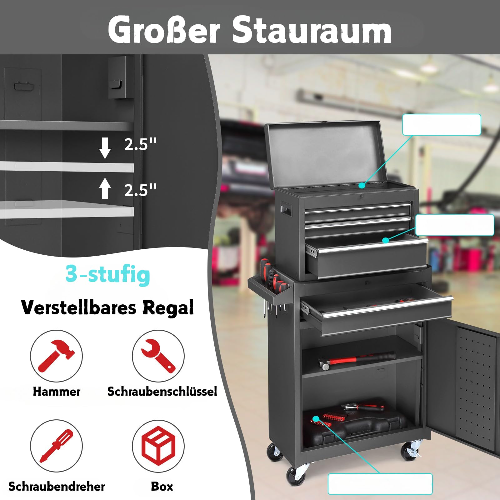 2 in 1 Werkstattwagen inkl.Koffer & 4 Fächer & verstellbarem Regal|werkstattwagen leer|Mobiler Werkzeug-Wagen ohne Werkzeug|Werkzeugaufbewahrung mit Schloss 100 kg Tragkraft|Metal |Rot