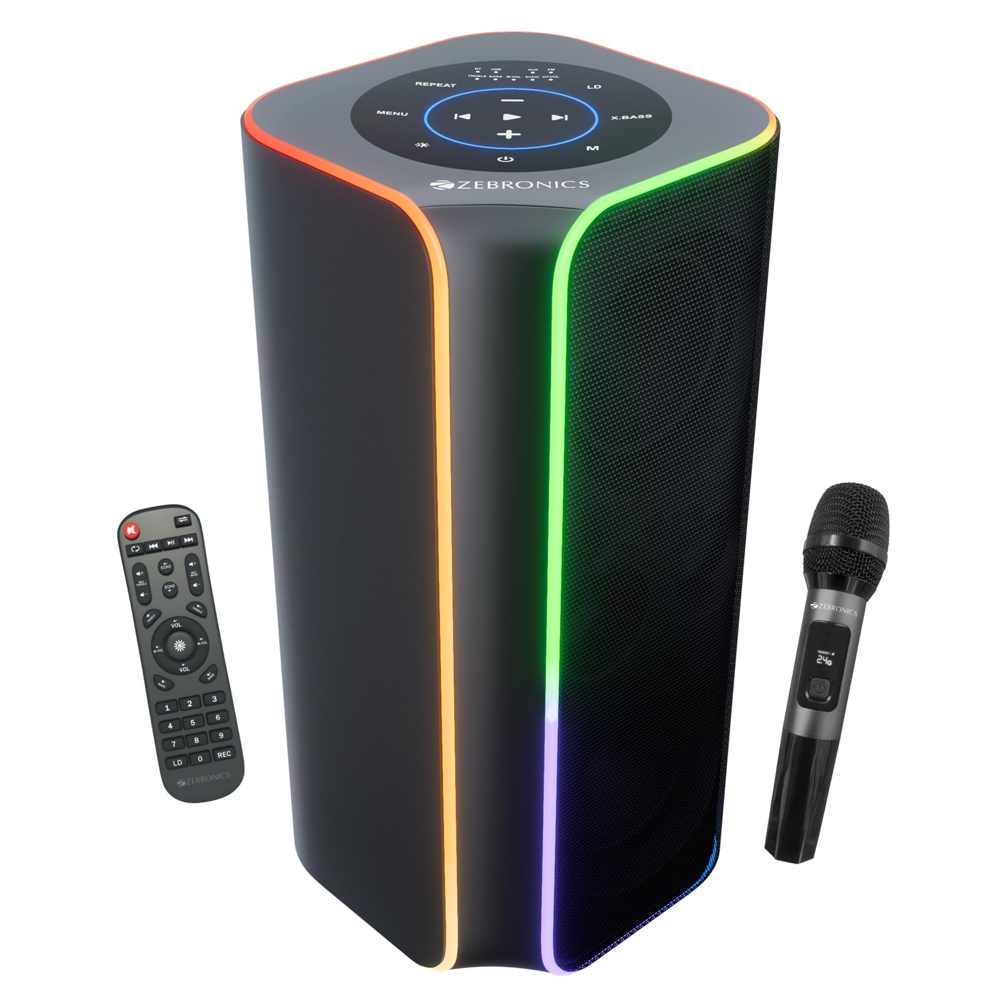 Zebronics 120W Portable Party Speaker, Dual 13.33cm Drivers, Wireless Mic, TWS Function, 9 RGB Modes, BTv5.3, USB & AUX, Rapid Charge, Carry Handle, Remote Control (Party FYRE 700)-picture-21