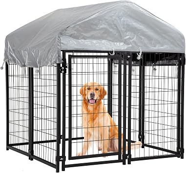 Dog Kennel Outdoor for Large Dog Heavy Duty Dog Fence Cage 4 X 4 X 4.3ft Metal Welded Wire Dog Pen with UV-Resistant Waterproof Roof
