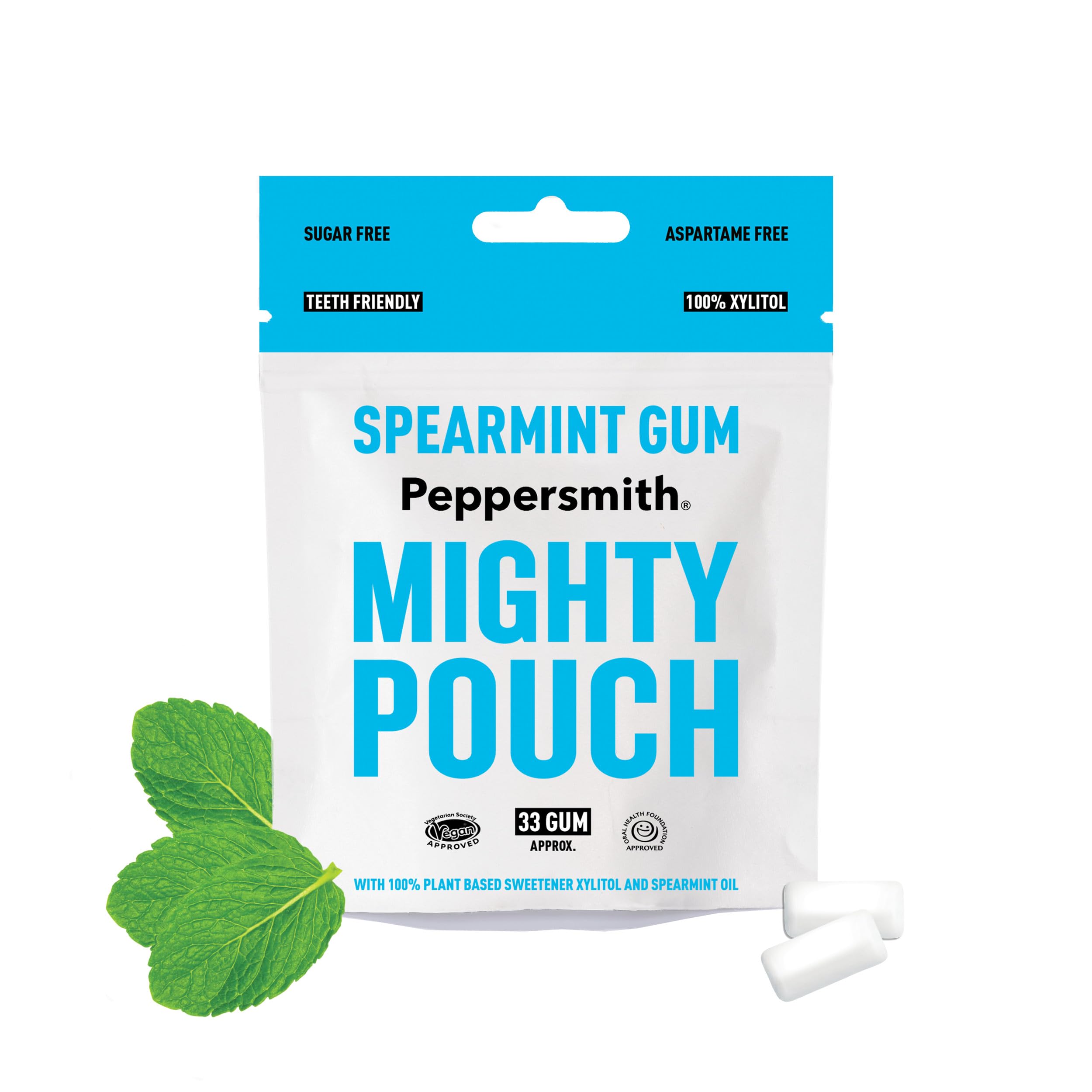 British Spearmint Gum - Vegan Friendly - 100% Plant Based Xylitol - Natural Flavours - Freshens Breath - Sugar Free Gum - Benefits Oral Health - Mighty Pouch - 33 Pieces
