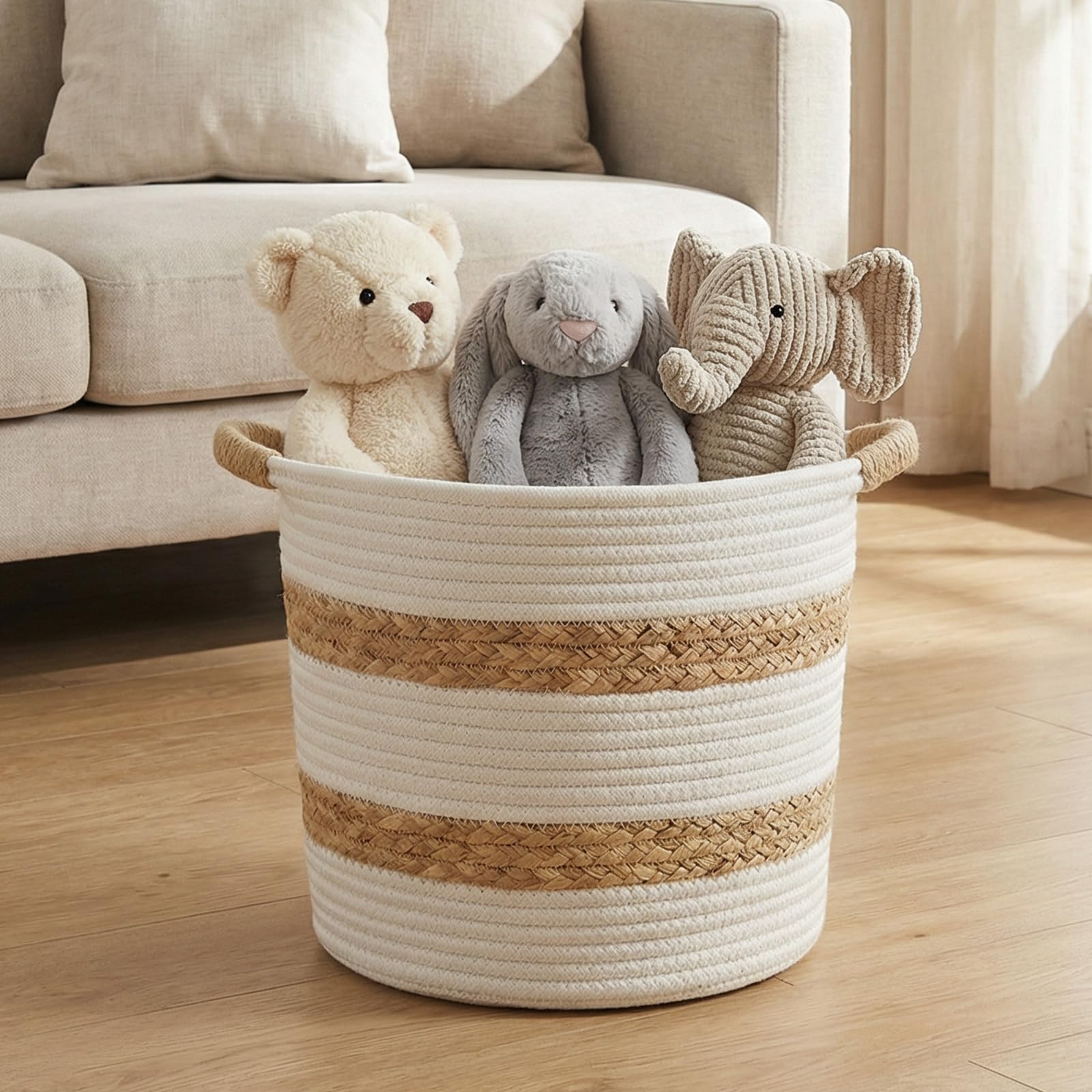 Cotton Rope Storage Basket, 22L Toy Storage Baskets, Foldable Laundry Basket, Dirty Clothes Blanket Hamper with Thickened Handle, Dog Toys Organizer for Living Room, Bedroom, Nursery - 31x30cm