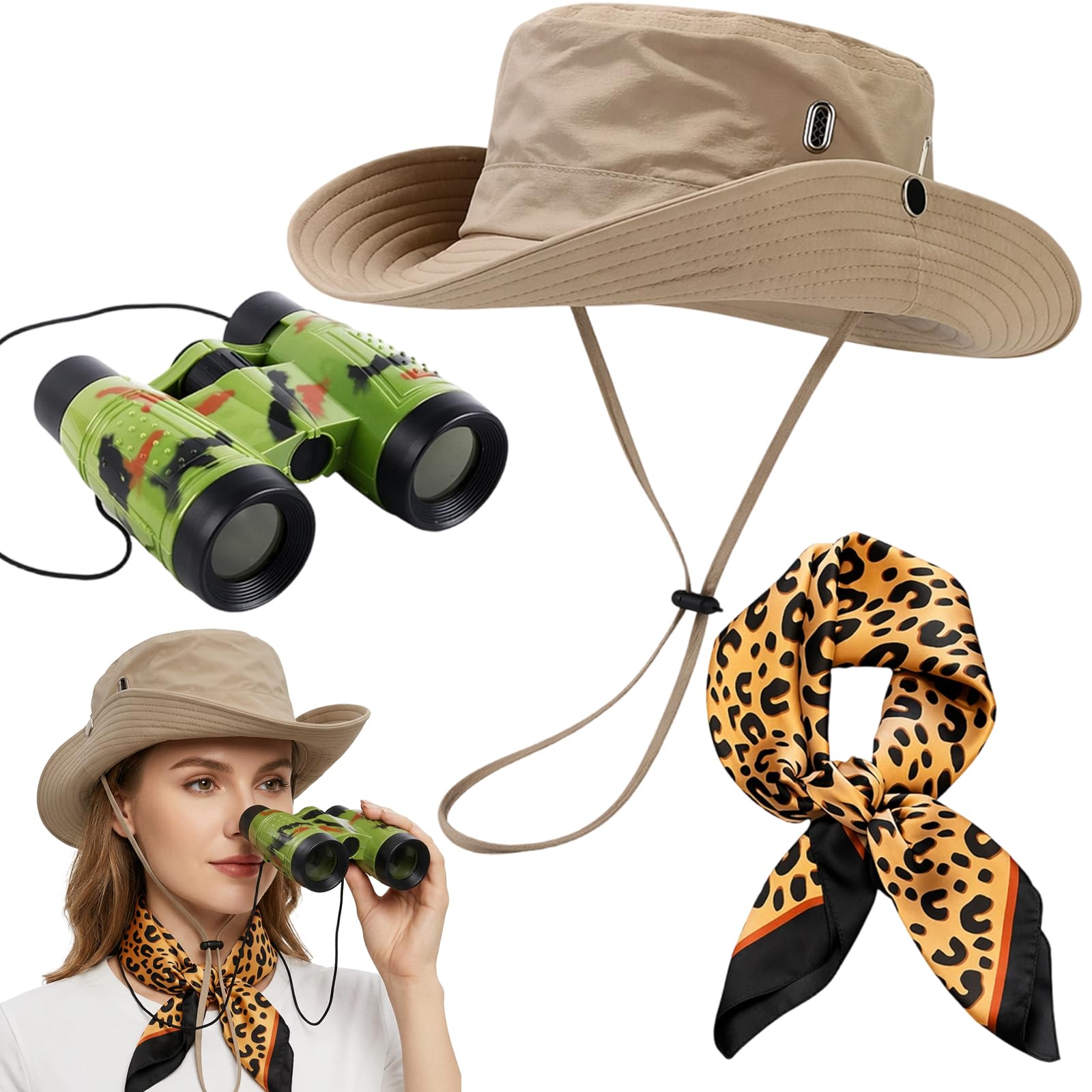 RJFUJP 3 Pcs Safari Costume, Jungle Hat with Leopard Print Scarf and Explorer Binoculars, Adventure Gear for Women's Outdoor Activities, Safari Theme Parties and Cosplay Events