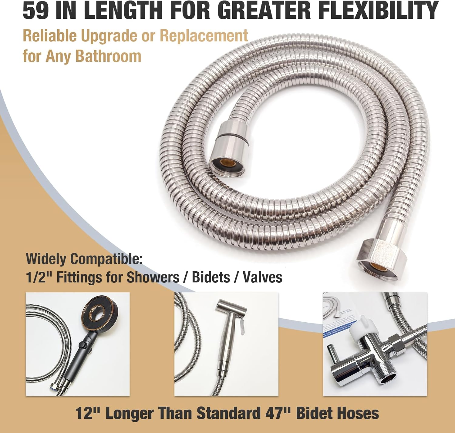 59-Inch Bidet Sprayer and Shower Hose, 1.5m Stainless Steel Replacement Hose with 1/2" Connectors, Universal Shower & Bidet Hose