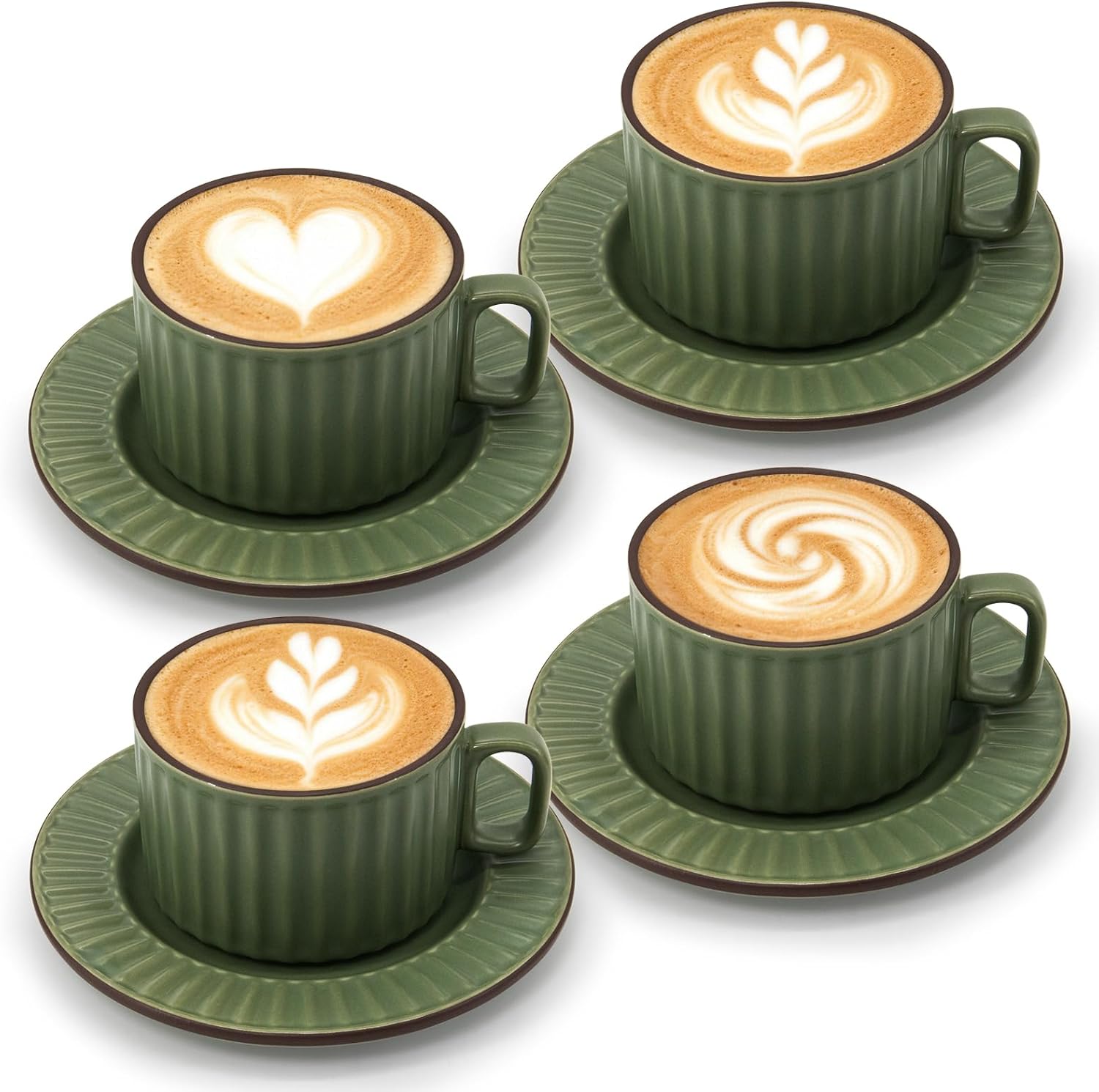DOWAN Matcha Green Ceramic Coffee Cups with Saucers, 8 oz Coffee Mugs, Cappuccino Cup, Ribbed Espresso & Latte Cups Set, Elegant Stoneware for Home & Café Use