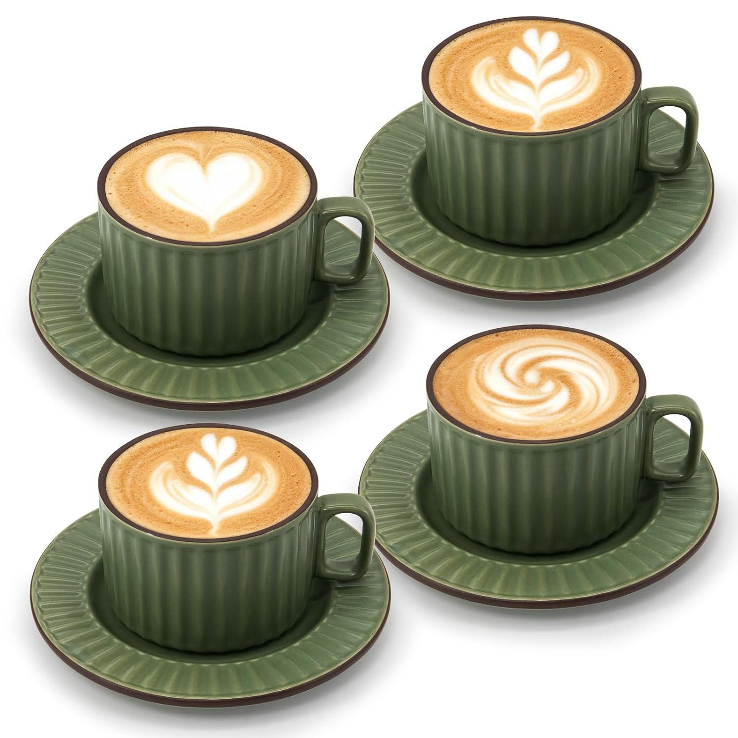 DOWAN Matcha Green Ceramic Coffee Cups with Saucers and Ramekins 4 oz