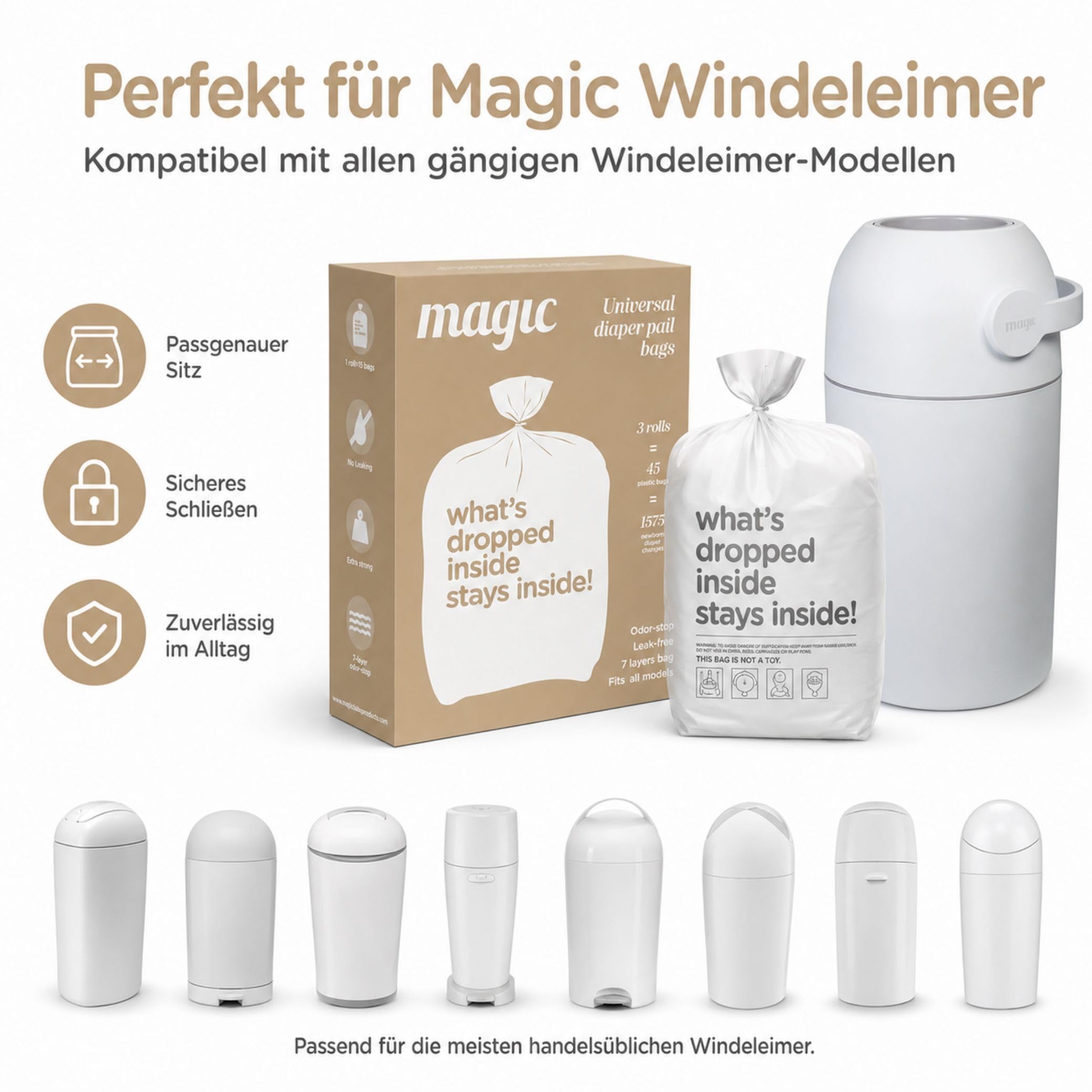 Magic Windeleimer Windeltüten Nachfüllpack - 15 extra starke, mehrlagig, geruchsdicht & 100% auslaufsicher - kompatibel mit vielen Windeleimern - inkl. Baumwoll-Windel