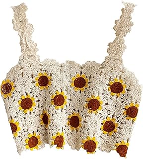 Women Vintage Embroidery Sunflower Crop Tank Top Hollow Crochet Knit Scalloped Trim Sleeveless Mini Sweter Vest Shirt