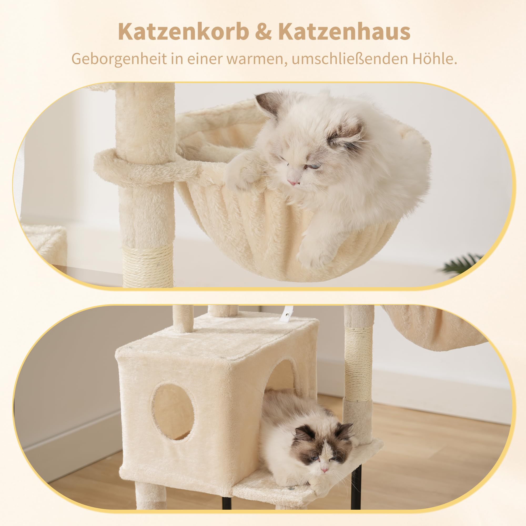 Heybly Kratzbaum, 125 cm Kleiner Katzenbaum, Geräumiges und Bequemes Kratzbaum mit Höhle, Oben Sitzstange, Sprungplattform, Kratzsäule, Korb, Stabile Metallrohre, Beige HCT200SM