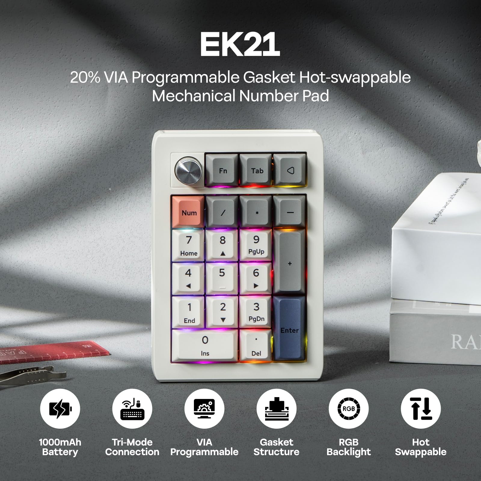EPOMAKER EK21 Via Teclado Numérico de 3 Modos (Blanco, Wisteria Linear) | 1000mAh, Gasket, BT5.0/2.4GHz/Cable, Hot-Swap, Perilla de Aleación de Aluminio, Numpad Programable, para Win/Mac/Juegos