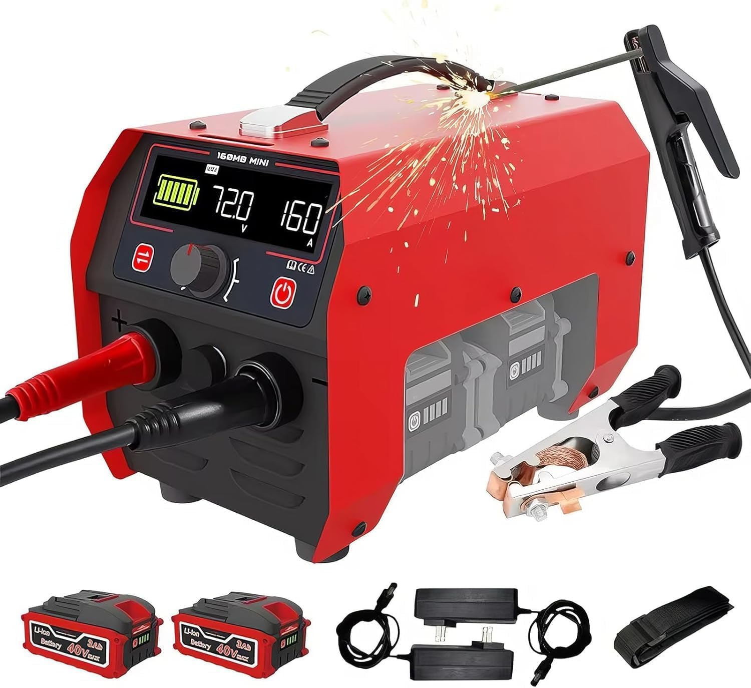 Saldatrice a batteria, saldatrice a elettrodo inverter da 160 A, con avvio a caldo e display LCD, per una facile saldatura a punti.