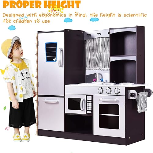 Miniatura 5 de ARLIME Juego de cocina para niños, cocina de juguete de madera con fregadero, estufa, microondas, refrigerador, armarios grandes, cocina de juego de