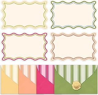 Whaline 60Pcs Flat Blank Notes with Envelopes 4 Colors Wavy Border Stationery Set Non Folding Note Cards for Baby Shower Birthday Wedding Invitation Thank You Notes, 5.6 x 3.5 Inch