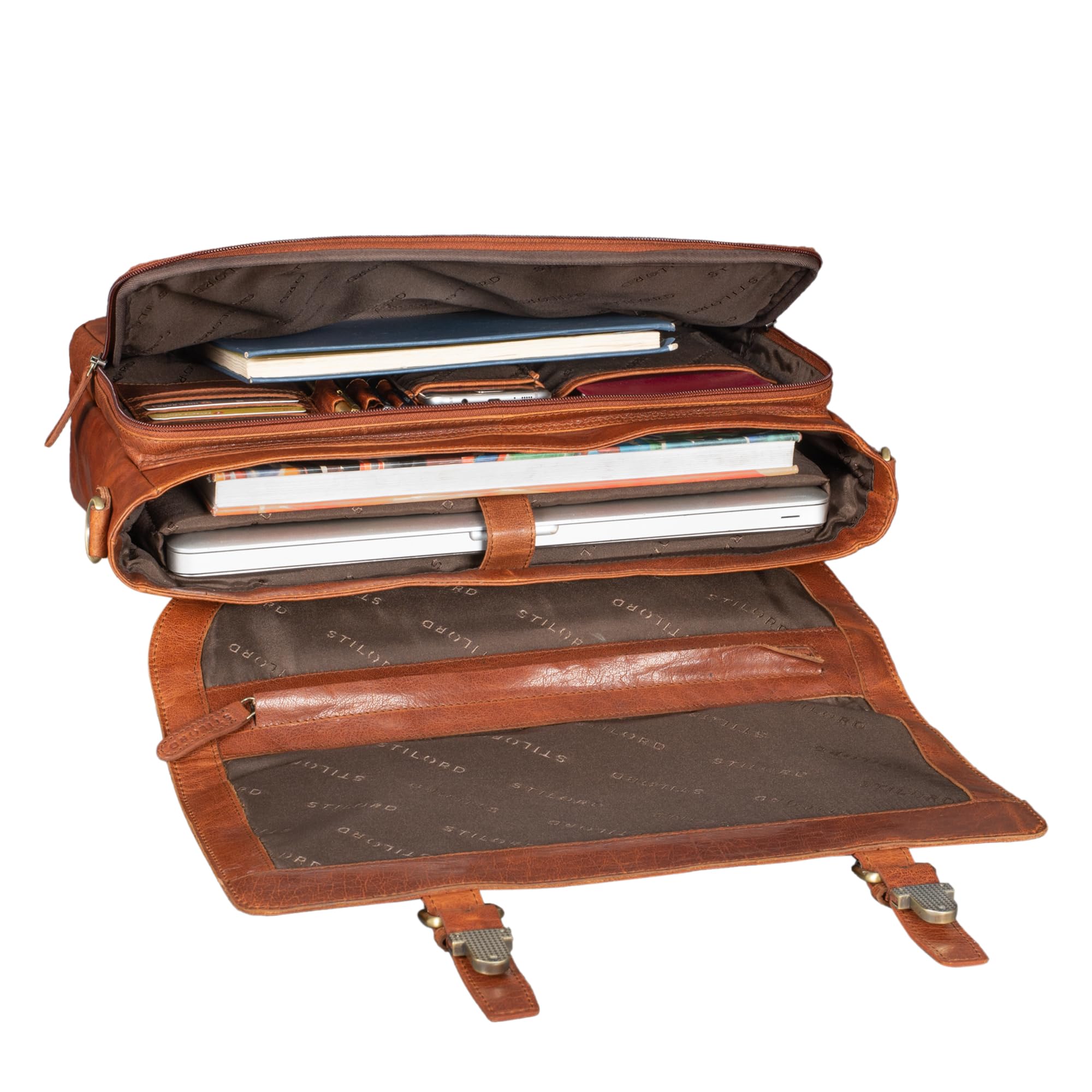 STILORD Calvin Maletín Piel Hombres Grande para portátil 15.6 Pulgadas Mensajero Bolsa Bandolera Trabajo Bolso Negocios de Cuero Color:Zamora - marrón