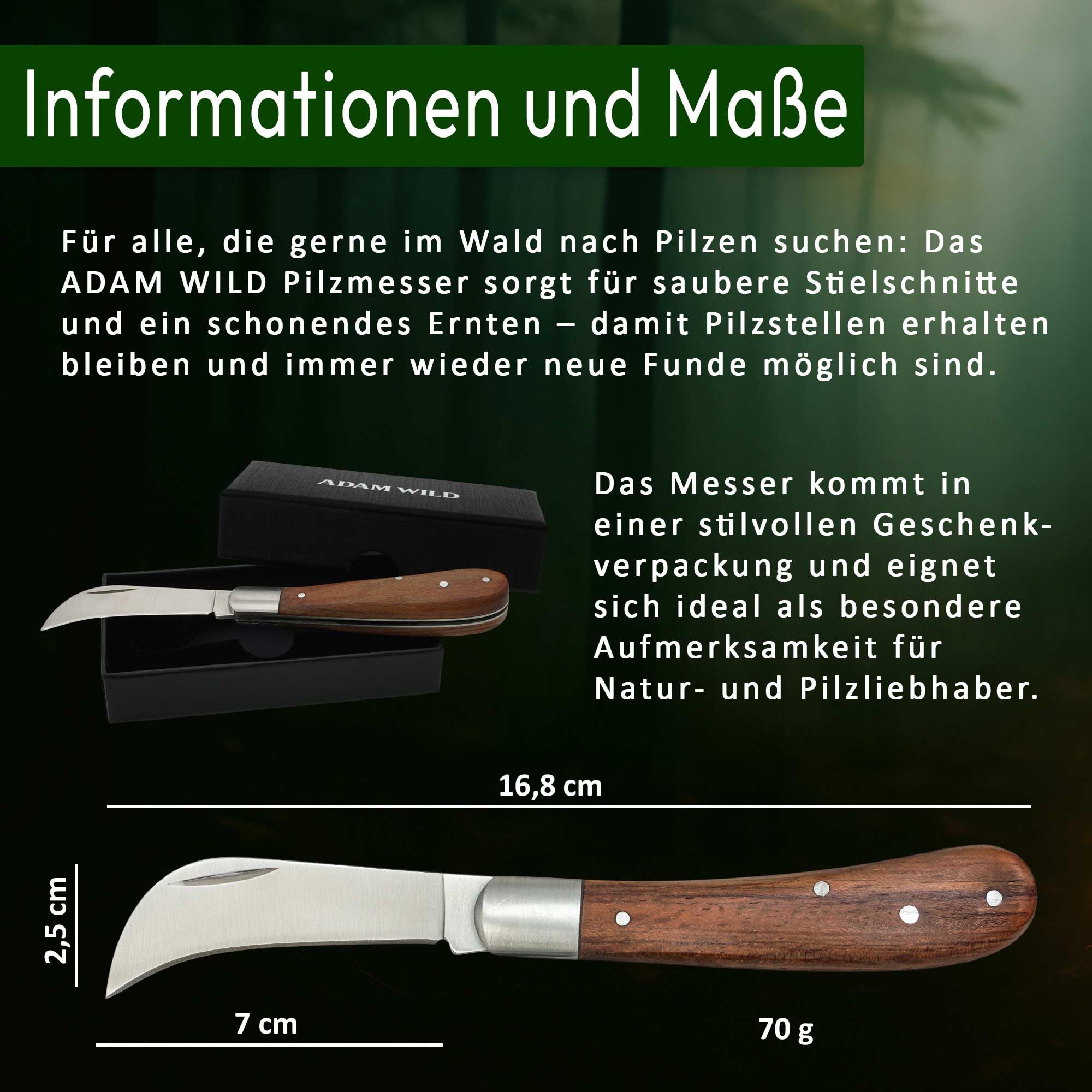ADAM WILD Pilzmesser mit Gravur | personalisiertes Geschenk für Pilzsammler | Schonende Pilzernte | klappbares Taschenmesser, gebogene Edelstahlklinge & Holzgriff | Outdoor & Naturfreunde | Lasergravur