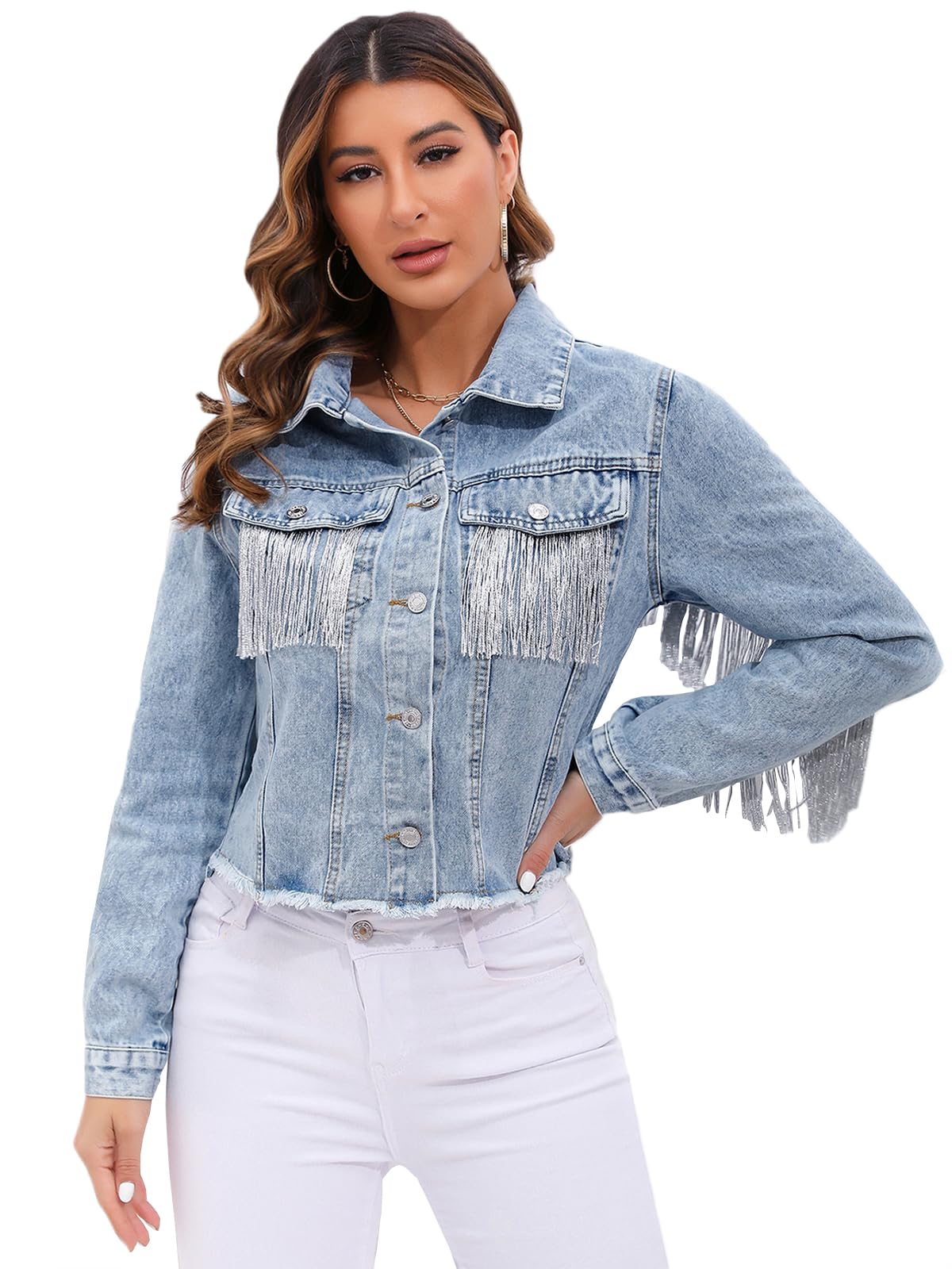 YILANUOYI Women Fringe Denim Jackets Casual Oversized Jean Coats