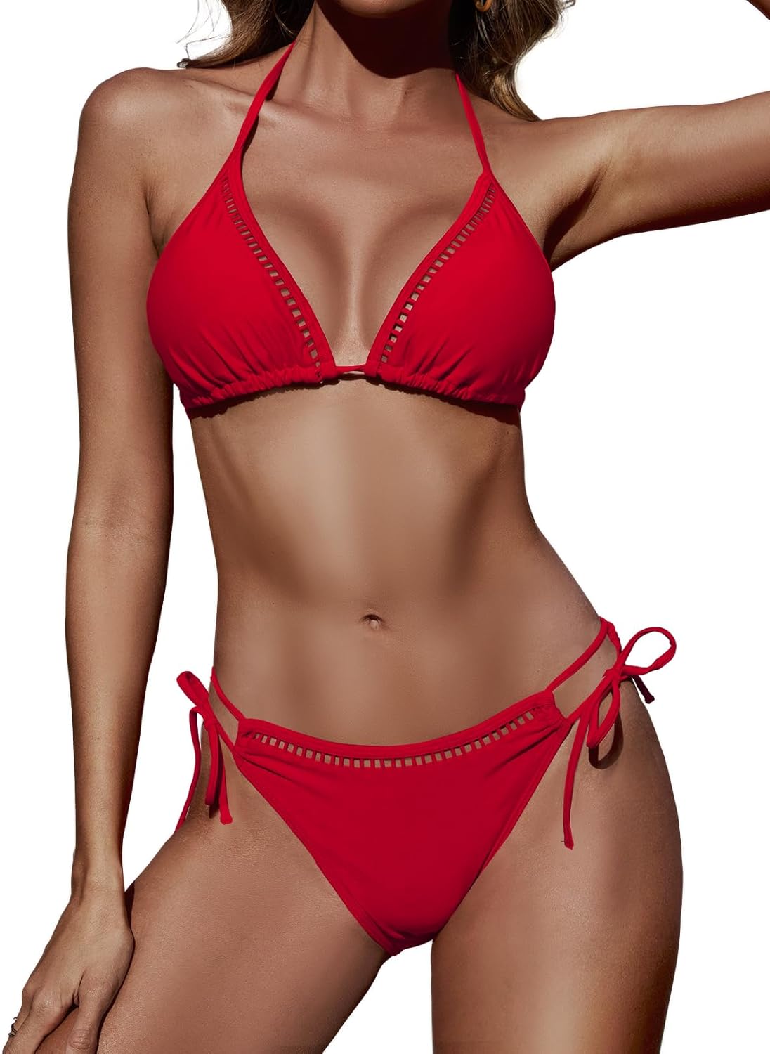 Women Two Piece Swimsuit Halter Triangle Hollow Out Bathing Suits Cheeky String Bikini Sets